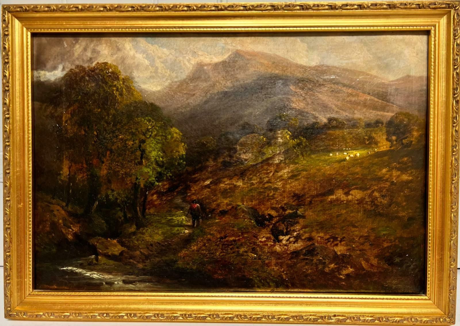 J.Greenvictorian Oil Painting Scottish Highland Landscape Figure By Stream & Sheep