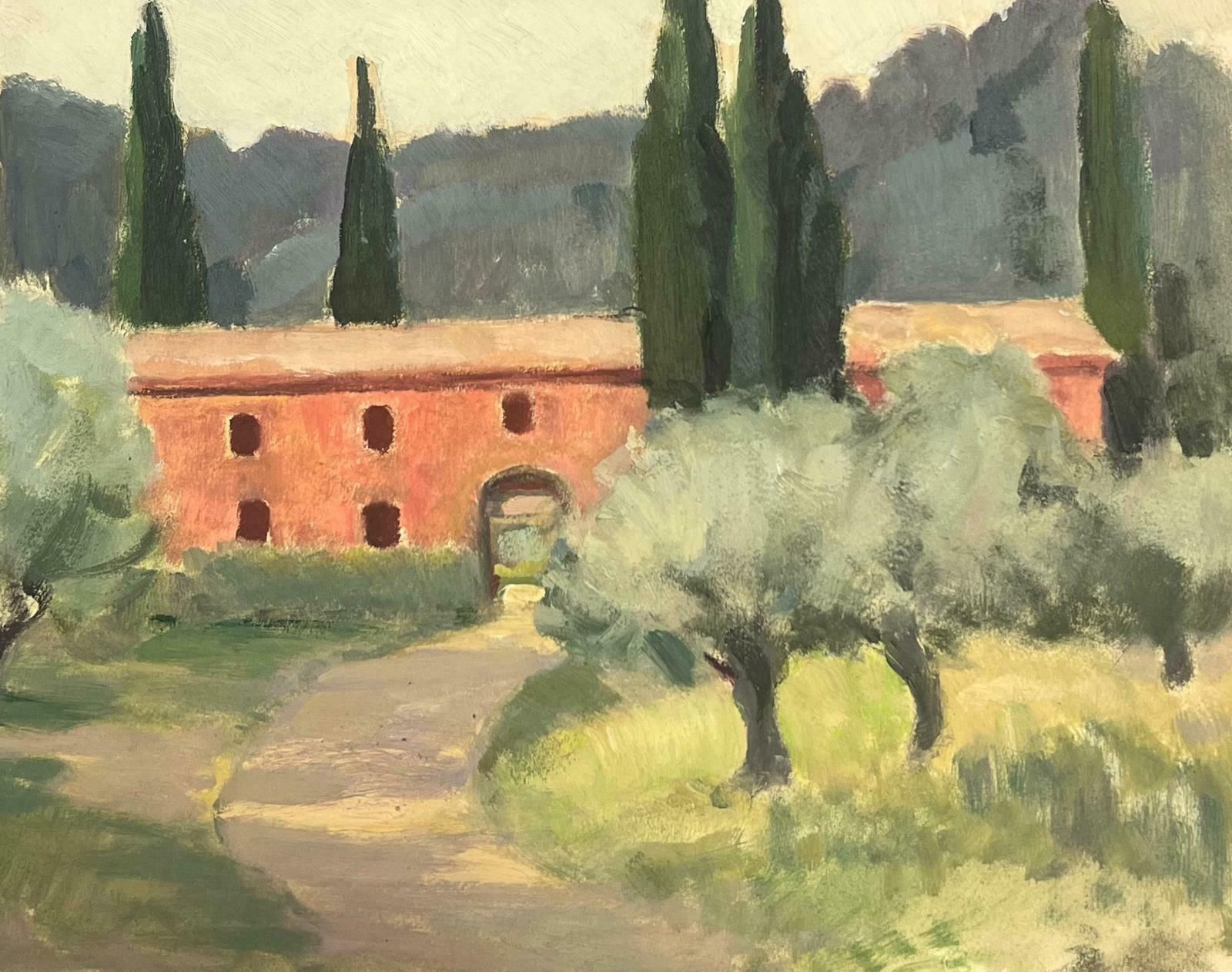 Y. Blanchon1930s French Gouache Red Arch Building In Provence Tree Landscape, Cypress Trees1930's