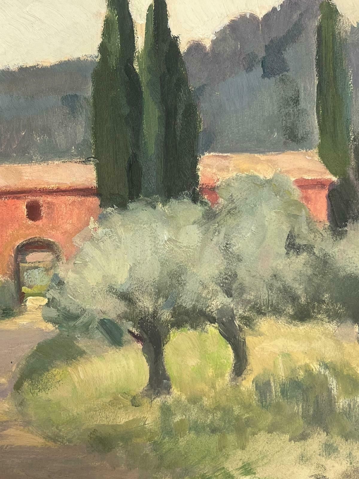 Y. Blanchon1930s French Gouache Red Arch Building In Provence Tree Landscape, Cypress Trees1930's photo for sale