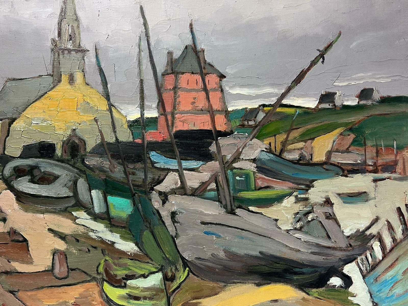 Georges Bordonovecontemporary French Impressionist Oil Fishing Boats In Dark Town Dockyard photo furniture
