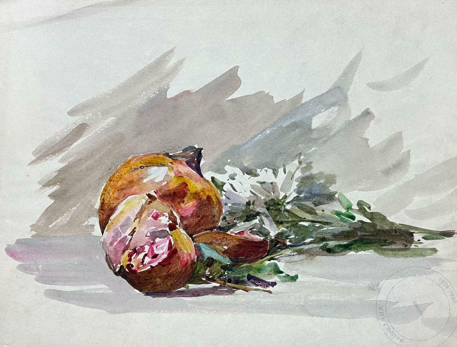 Louise Alixfrench Impressionist Watercolour Still Life Pomegranate And Daisy Bunch Painting1940's