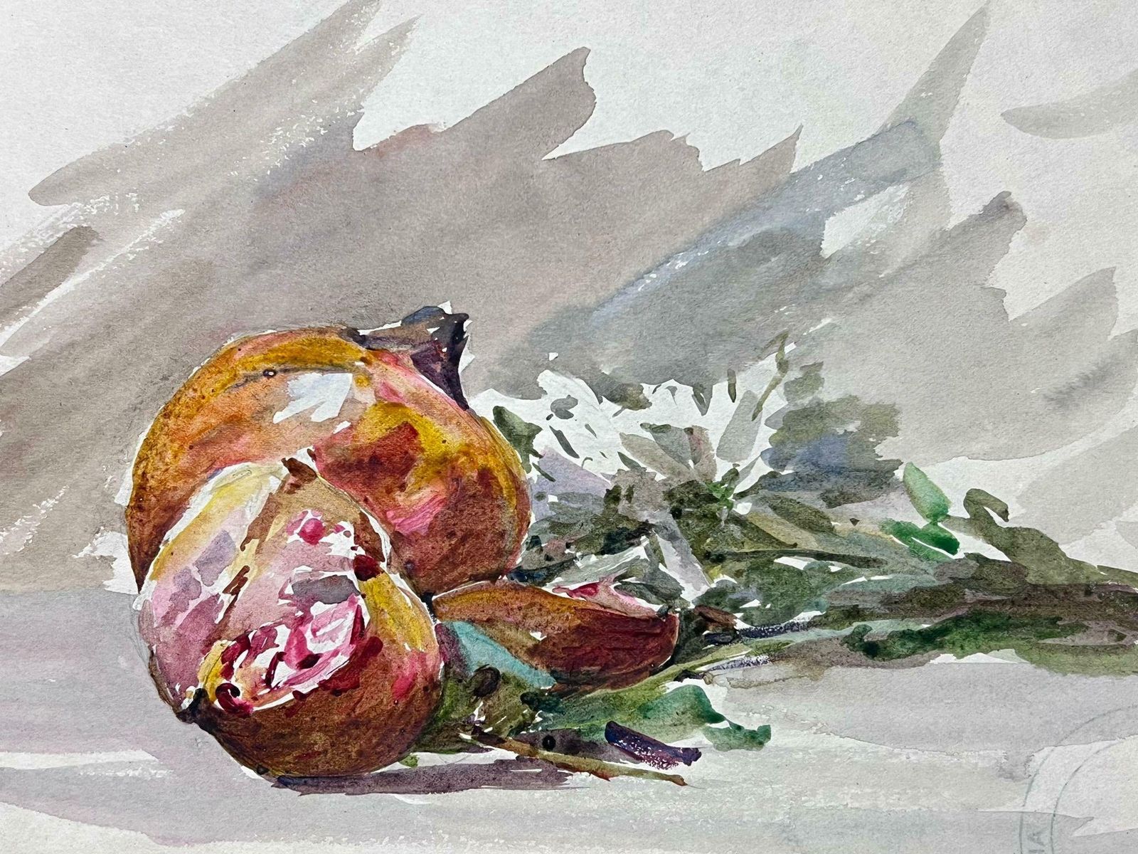Louise Alixfrench Impressionist Watercolour Still Life Pomegranate And Daisy Bunch Painting1940's photo furniture