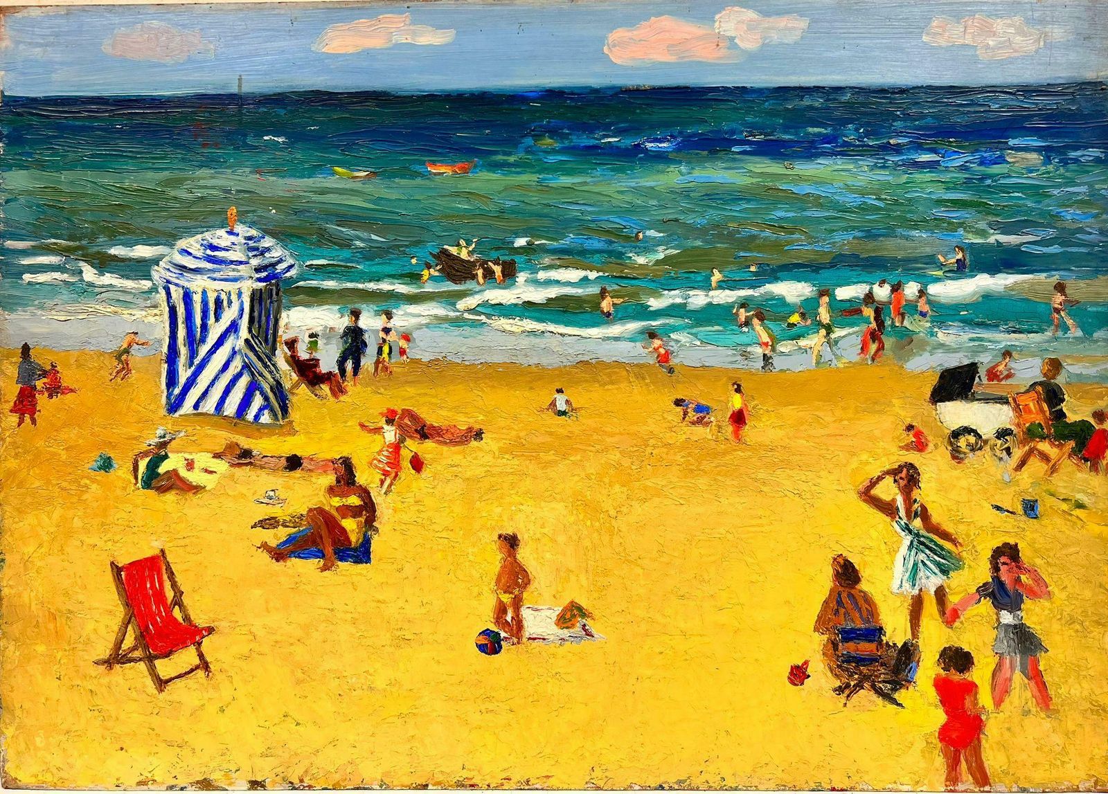 Josine Vignona Fun Day At The Beach In A Hot Summer Day Thick Impasto Oil1960's