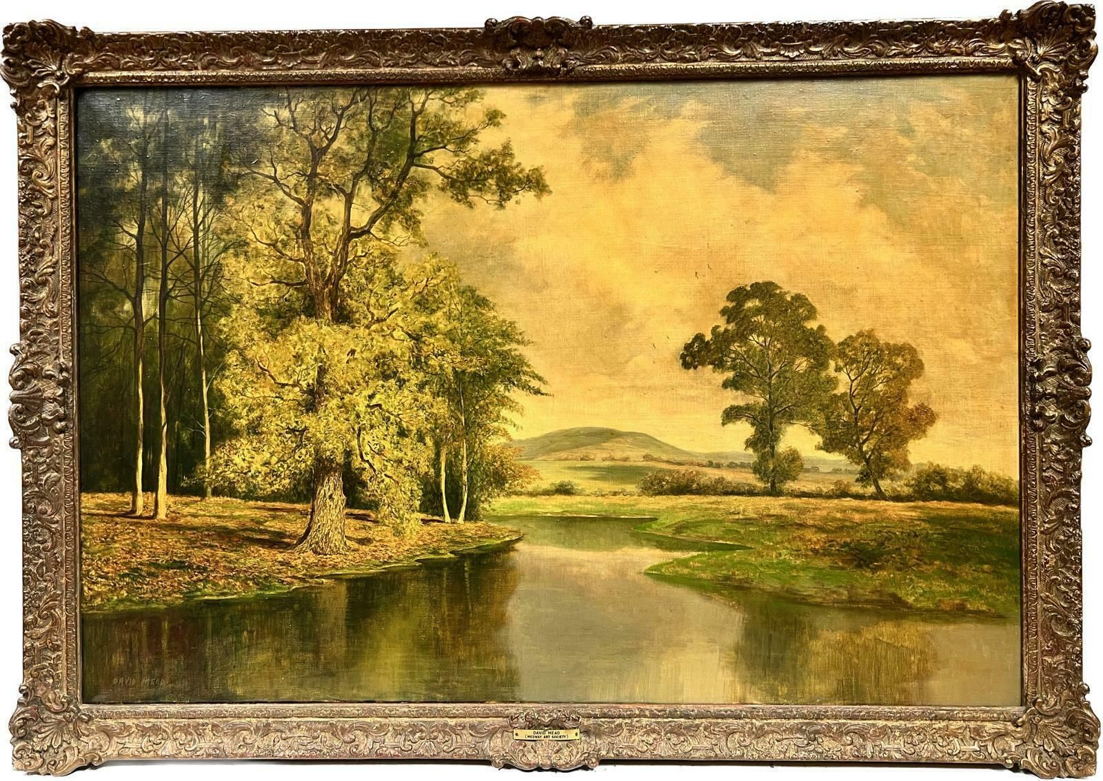 David Meadhuge British Oil Painting Golden River Landscape With Rising Hills, Framed