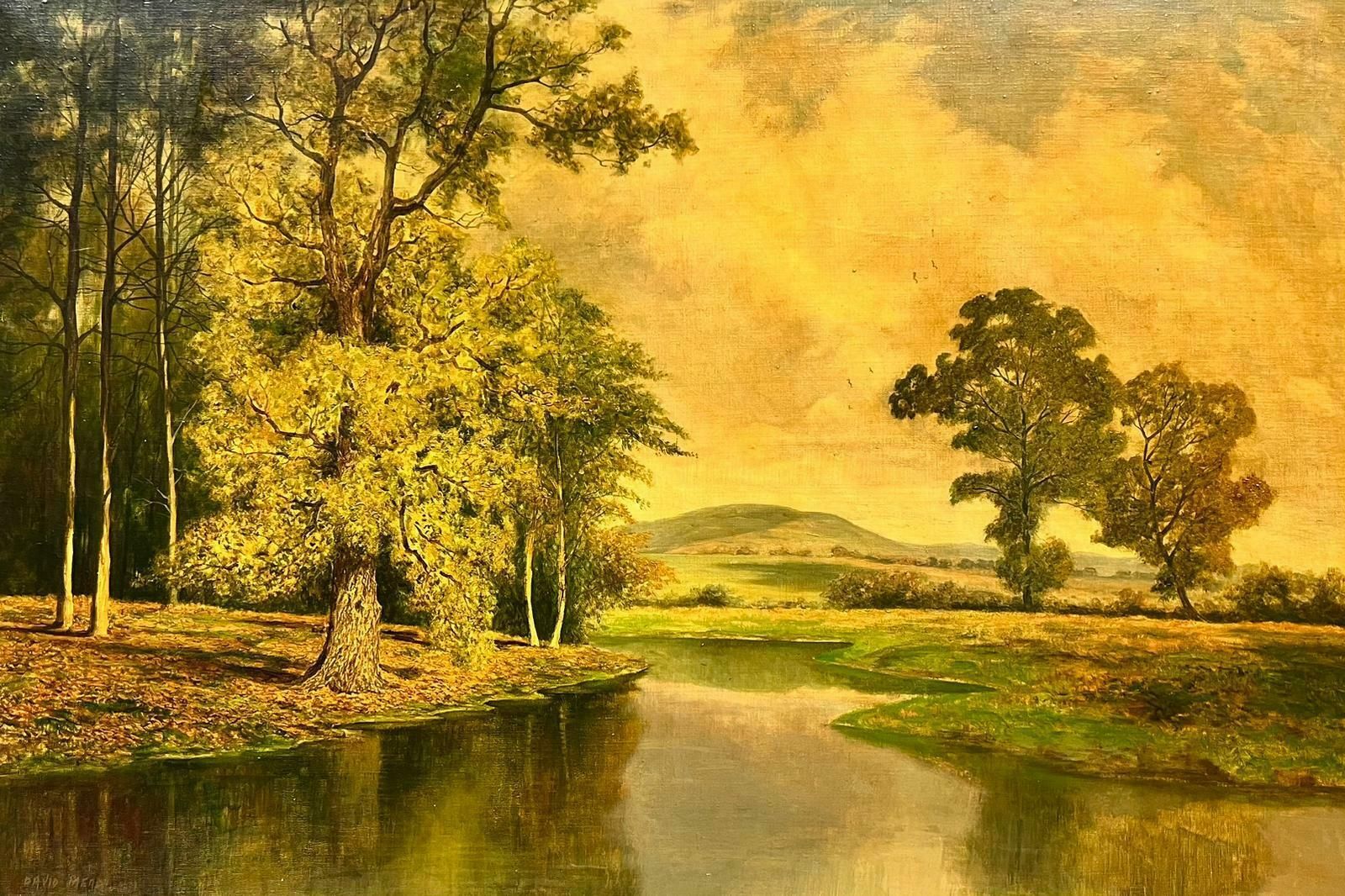 David Meadhuge British Oil Painting Golden River Landscape With Rising Hills, Framed photo furniture