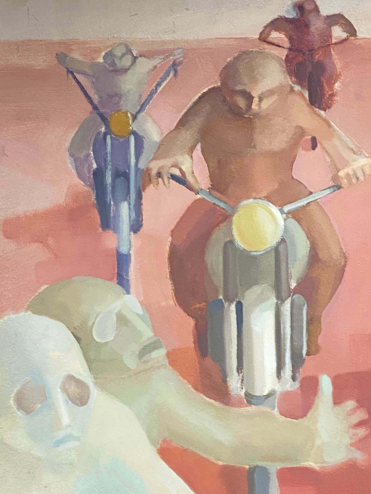 Andresmale Bikers In Desert   Huge French Surrealist Oil Painting Figurative Scene C. 1970s photo for sale