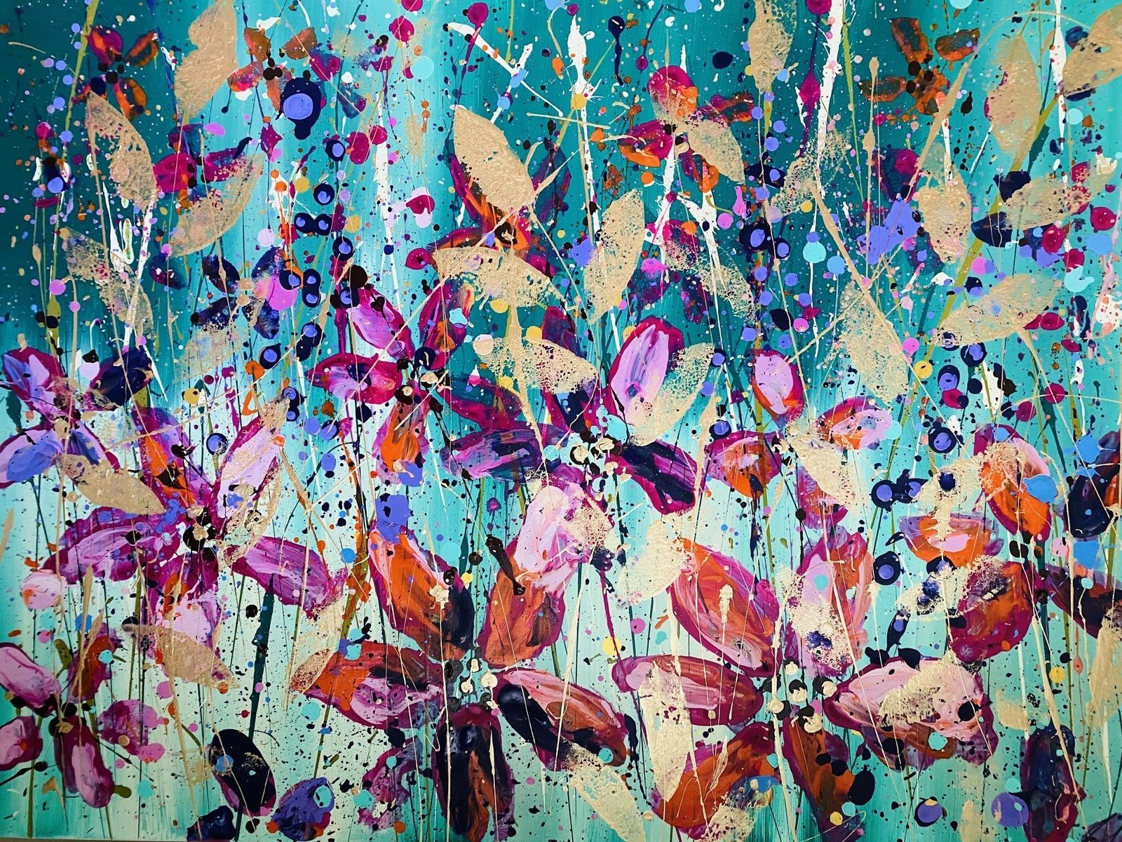 Chelsea..Hand Painted Original Acrylic Floral Art On Canvas 100cm X 75cm.Green/Pink/Red