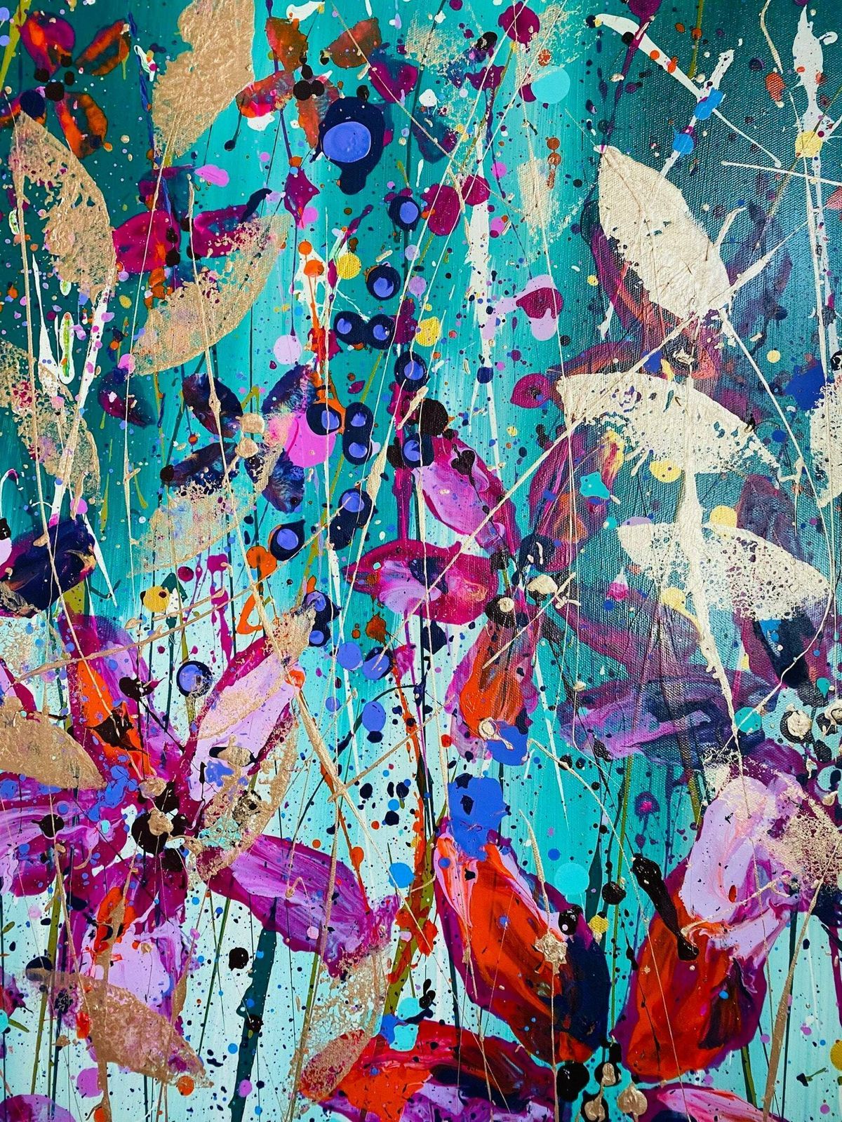 Chelsea..Hand Painted Original Acrylic Floral Art On Canvas 100cm X 75cm.Green/Pink/Red photo buy