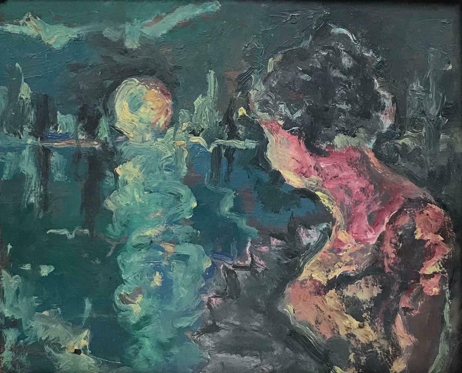 1950's French Mid 20th Century French Expressionist Oil Elegant Lady Looking Over Moonlit Lake