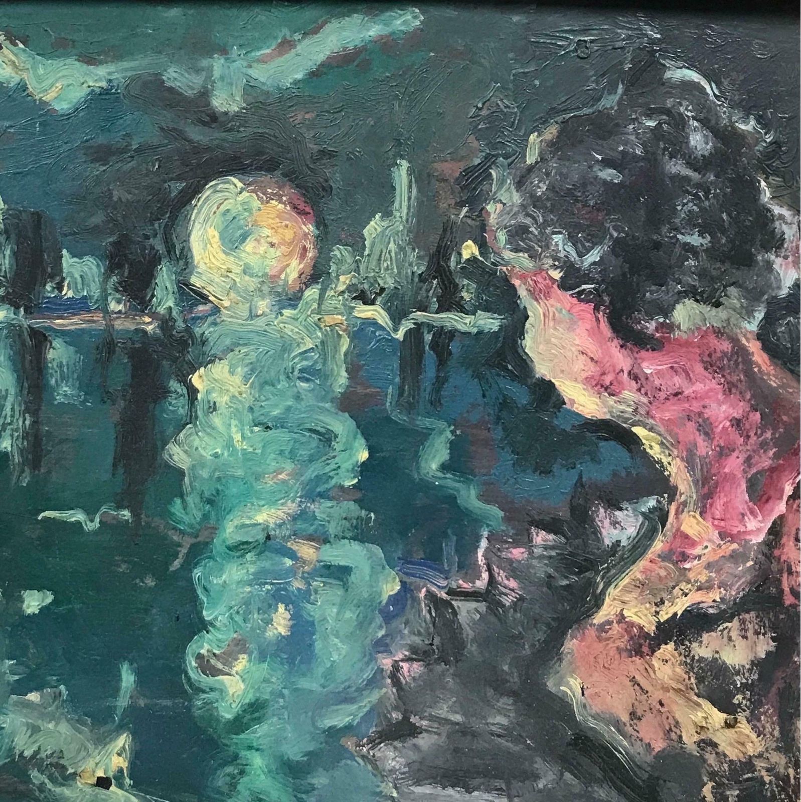 1950's French Mid 20th Century French Expressionist Oil Elegant Lady Looking Over Moonlit Lake photo for sale