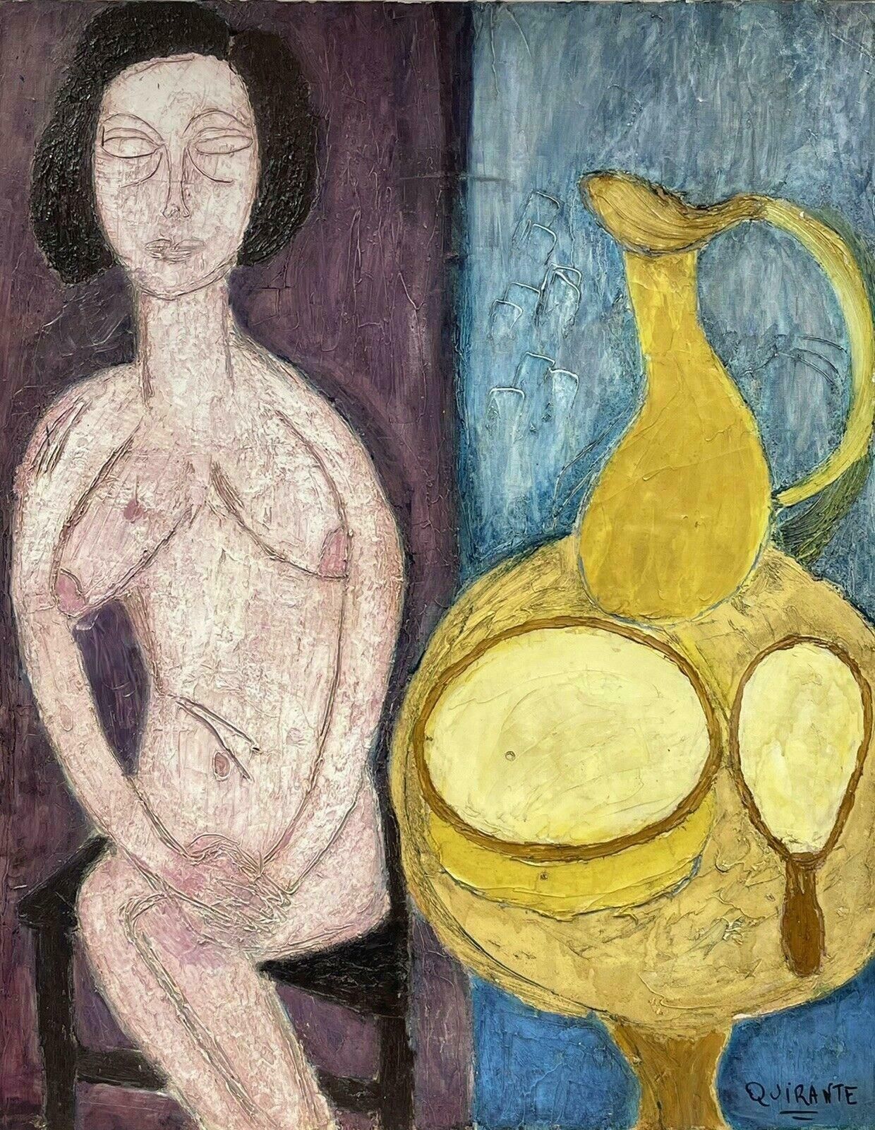 1970's French Expressionist1970's Huge French Expressionist Signed Oil   Nude Lady Still Life Compositionc. 1970's