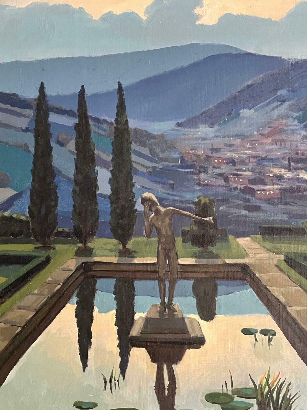Unknowntuscany Sunset Statue In Waterlily Pool Overlooking Tuscan Hills   Signed Oil C. 1970's photo Art
