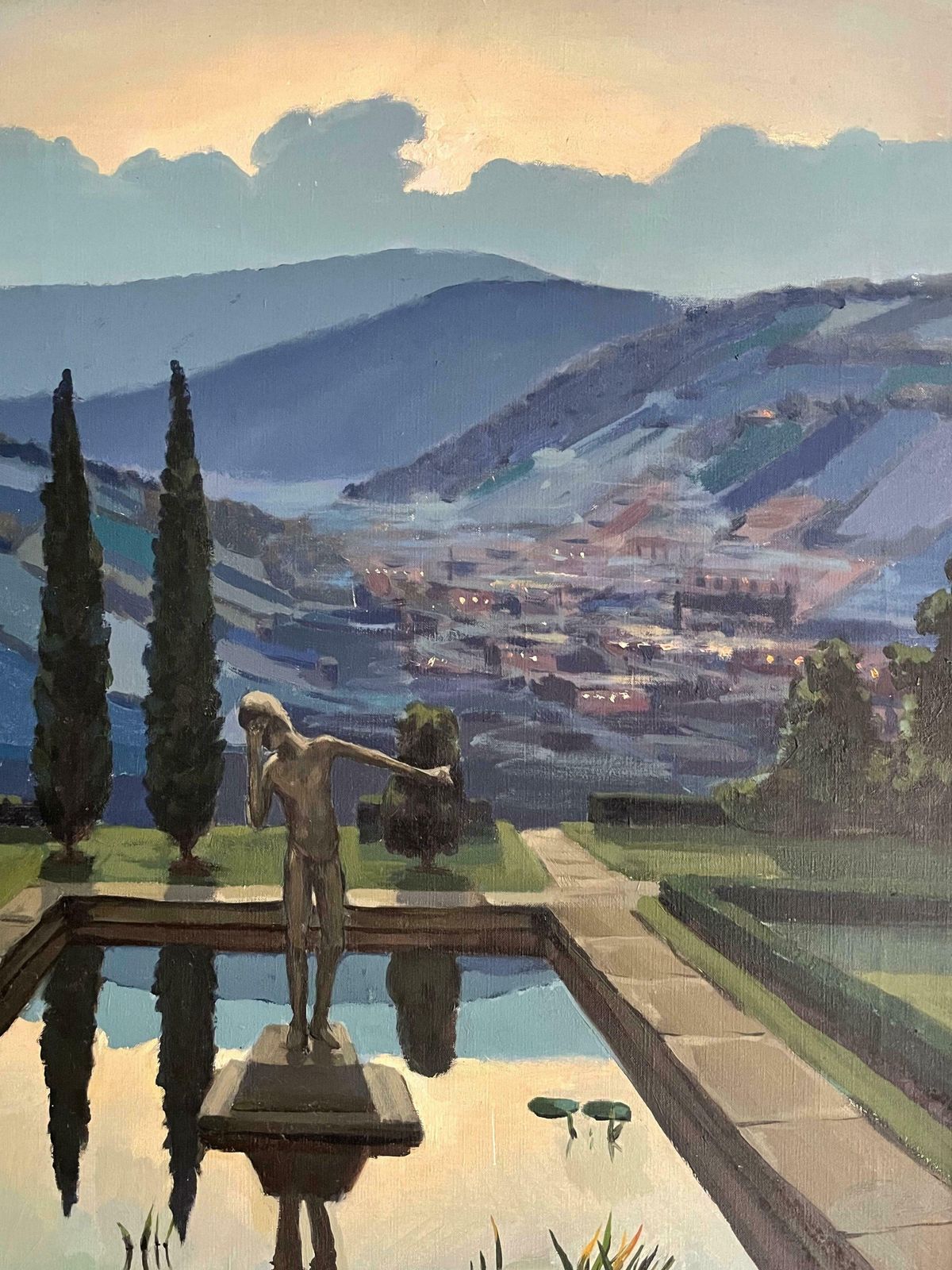 Unknowntuscany Sunset Statue In Waterlily Pool Overlooking Tuscan Hills   Signed Oil C. 1970's photo buy