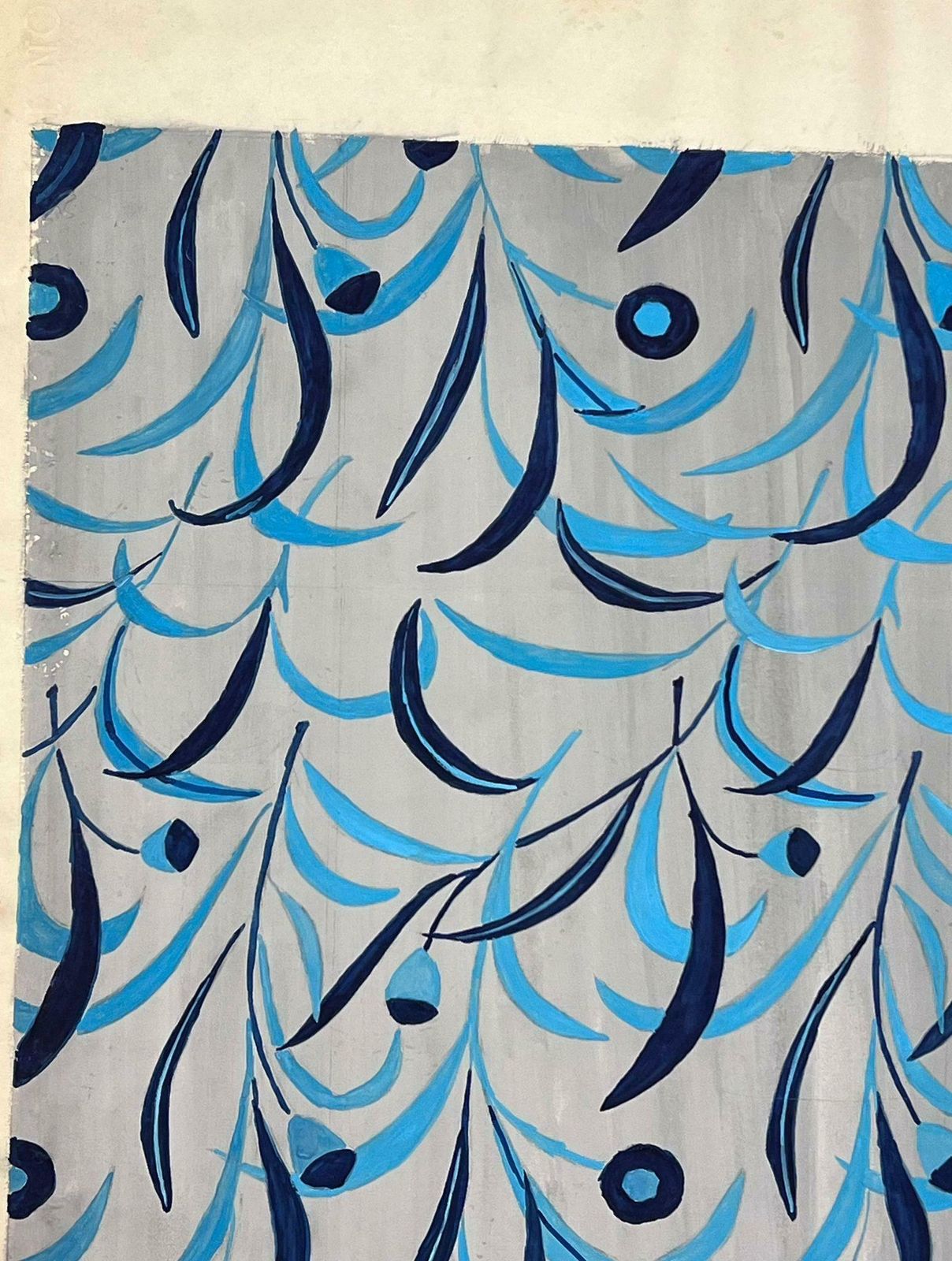 Josine Vignonmid Century French Illustration Blue Leafs Design Wallpaper Design1950s photo for sale