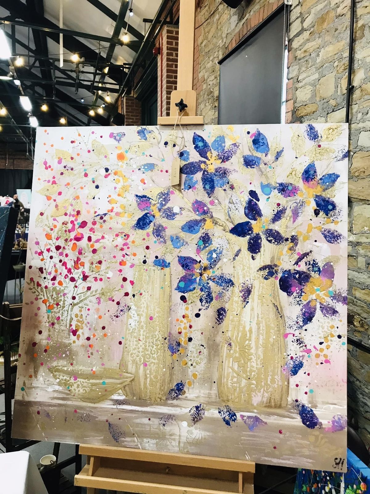Willow.Hand Painted Original Acrylic Vase Floral Art On A Up Cycled Deep Edge Wooden Board/Canvas 90cmx90cm. Pink/Blue/Purple/Gold