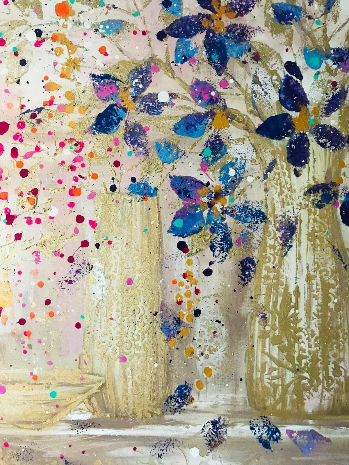 Willow.Hand Painted Original Acrylic Vase Floral Art On A Up Cycled Deep Edge Wooden Board/Canvas 90cmx90cm. Pink/Blue/Purple/Gold photo for sale