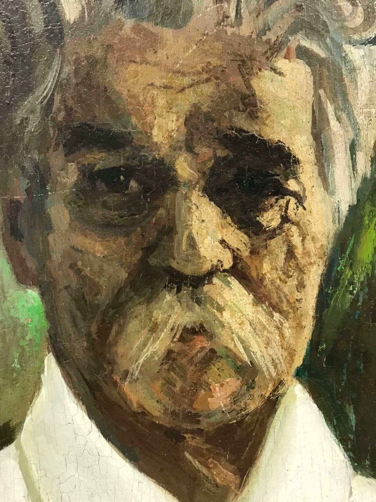 French School1950's French Signed Oil, Portrait Of A Man With Mustache & Bow Tie, Green C. 1950's photo vinterior