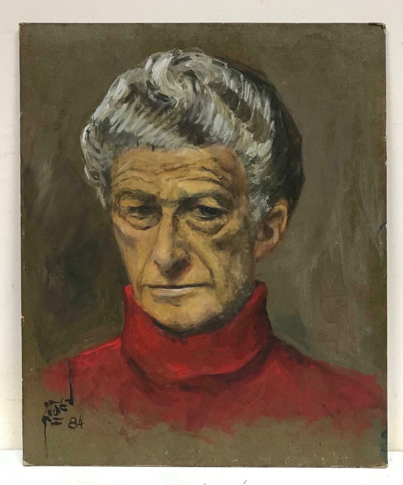 1980's Frenchportrait Of Distinguished Man In Red Polo Neck Sweater, Signed Oil Painting photo furniture