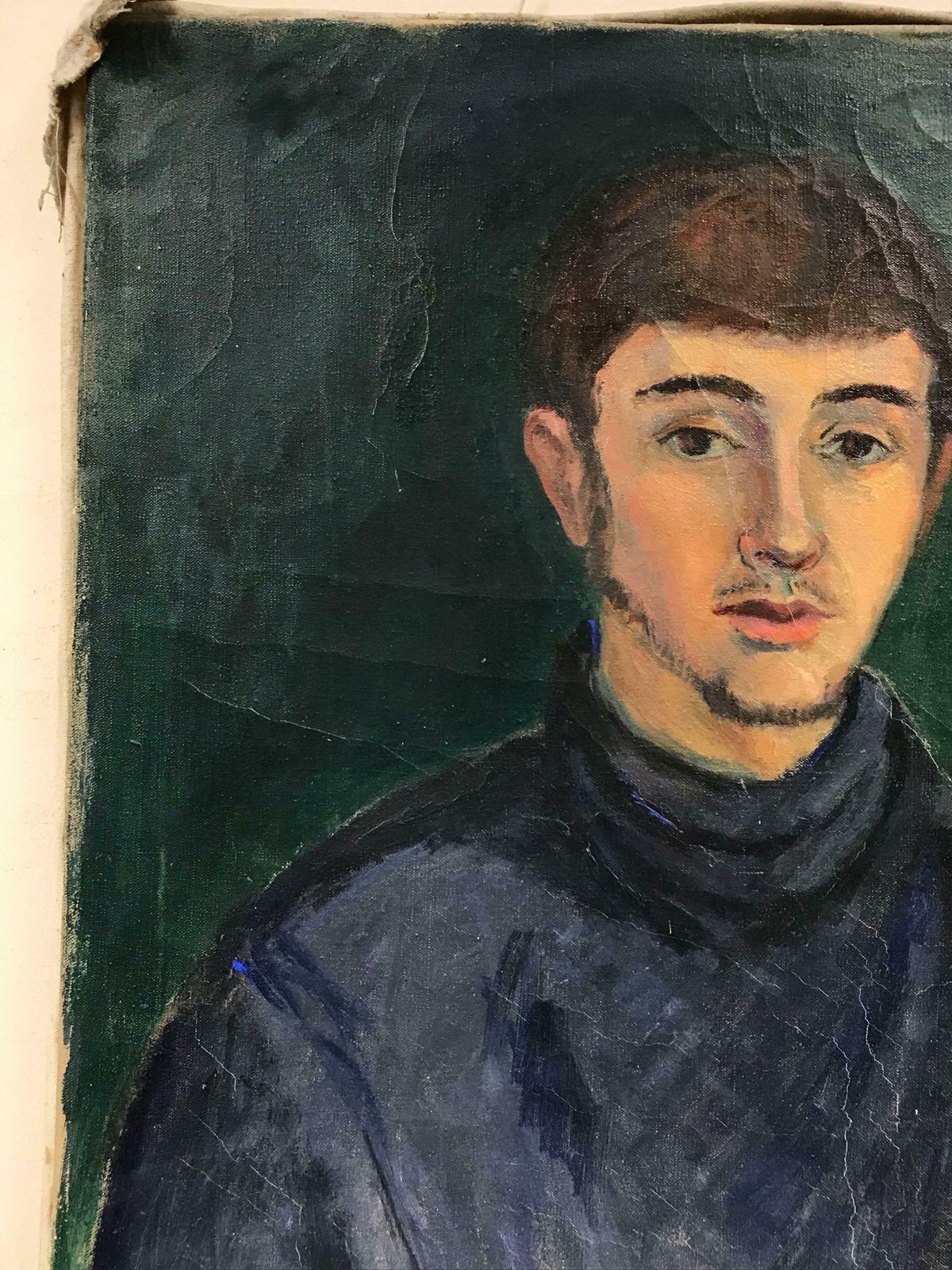 20th Century French School1950's French Signed Oil, Portrait Of Young Man In Blue Jersey photo vinterior