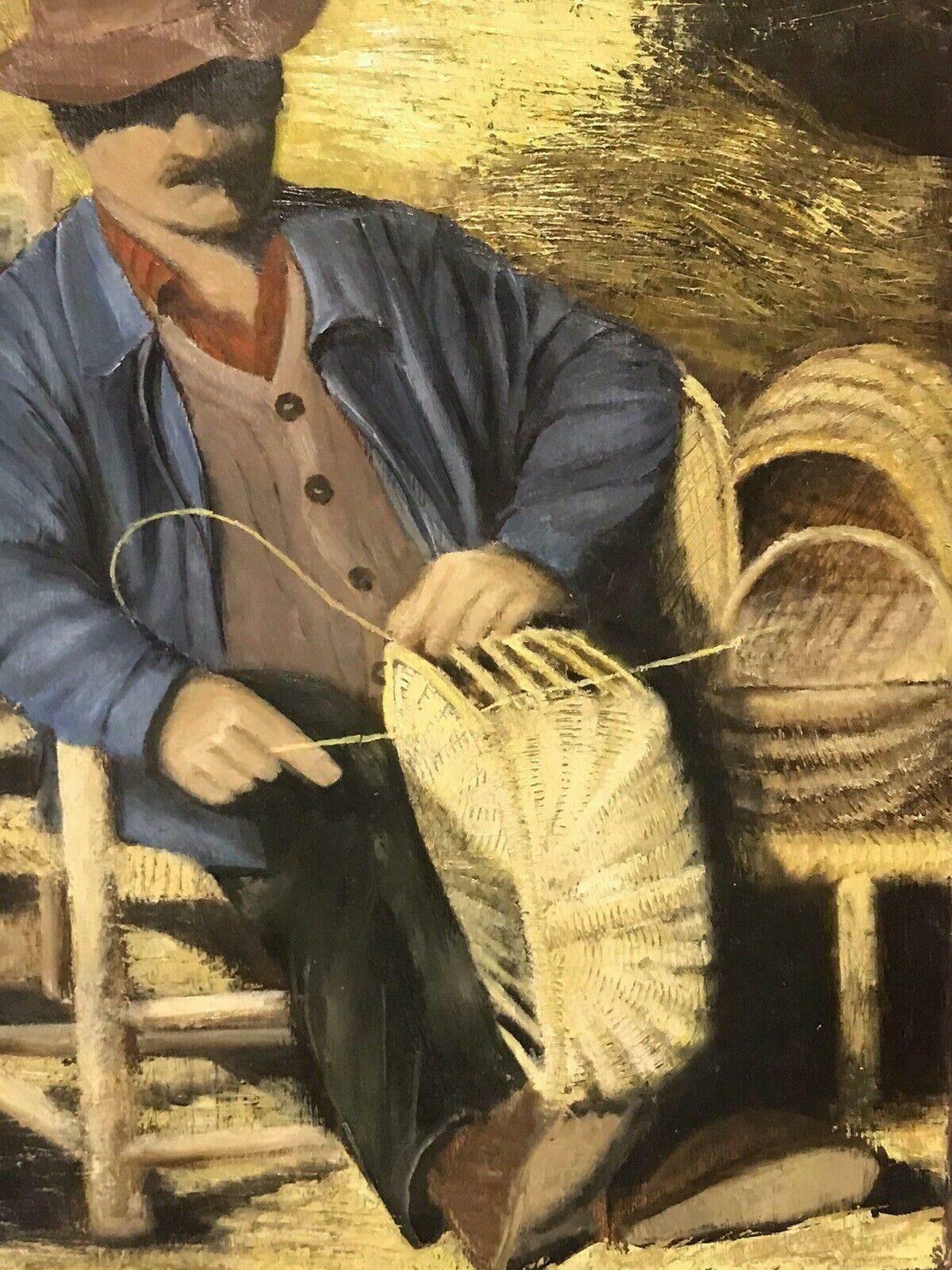 Louis Del Bianco (B.1925the Basket Weaver   Vintage French Signed Oil Portrait Of Man Making Baskets20th Century photo for sale