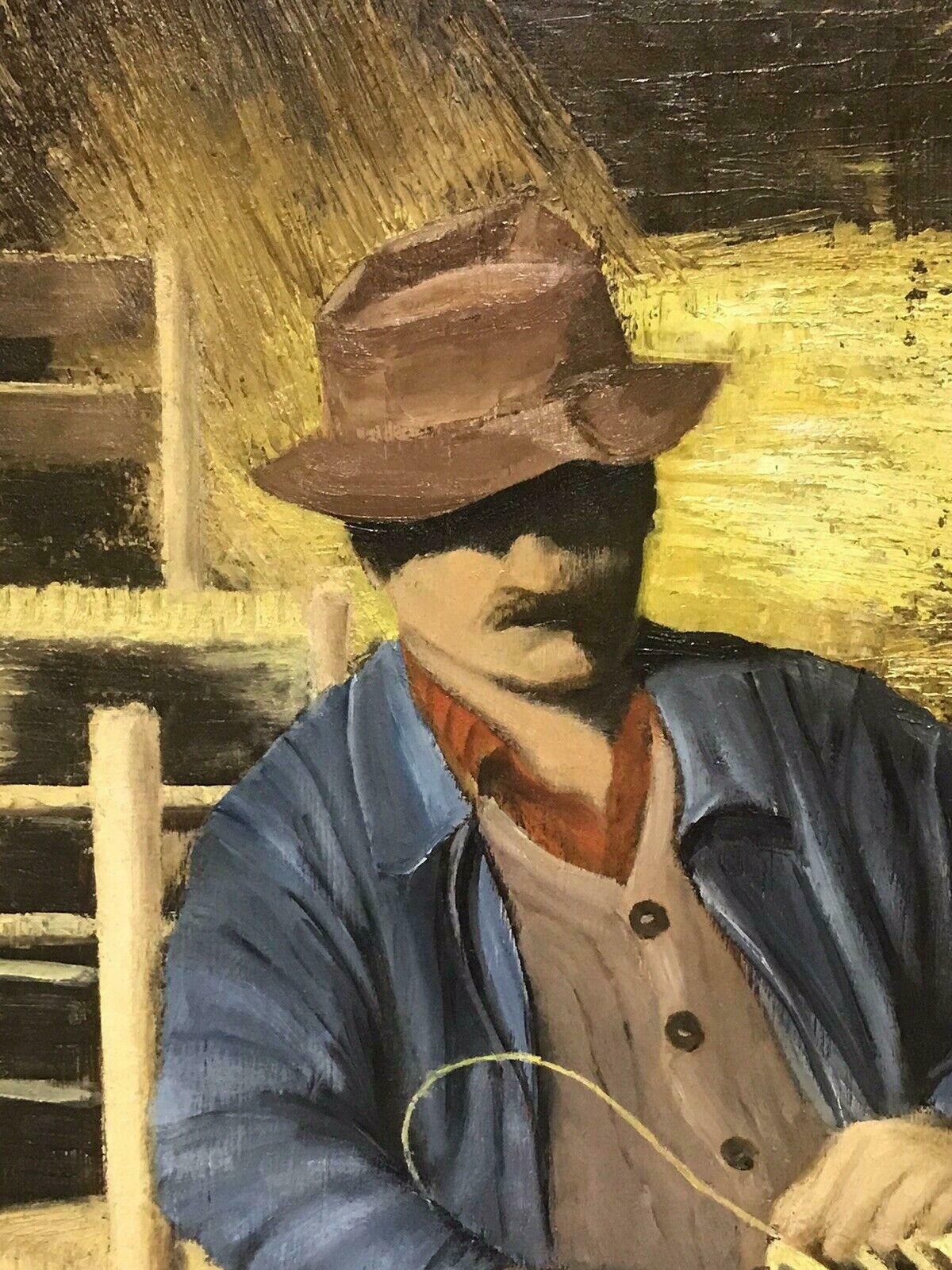 Louis Del Bianco (B.1925the Basket Weaver   Vintage French Signed Oil Portrait Of Man Making Baskets20th Century photo Art