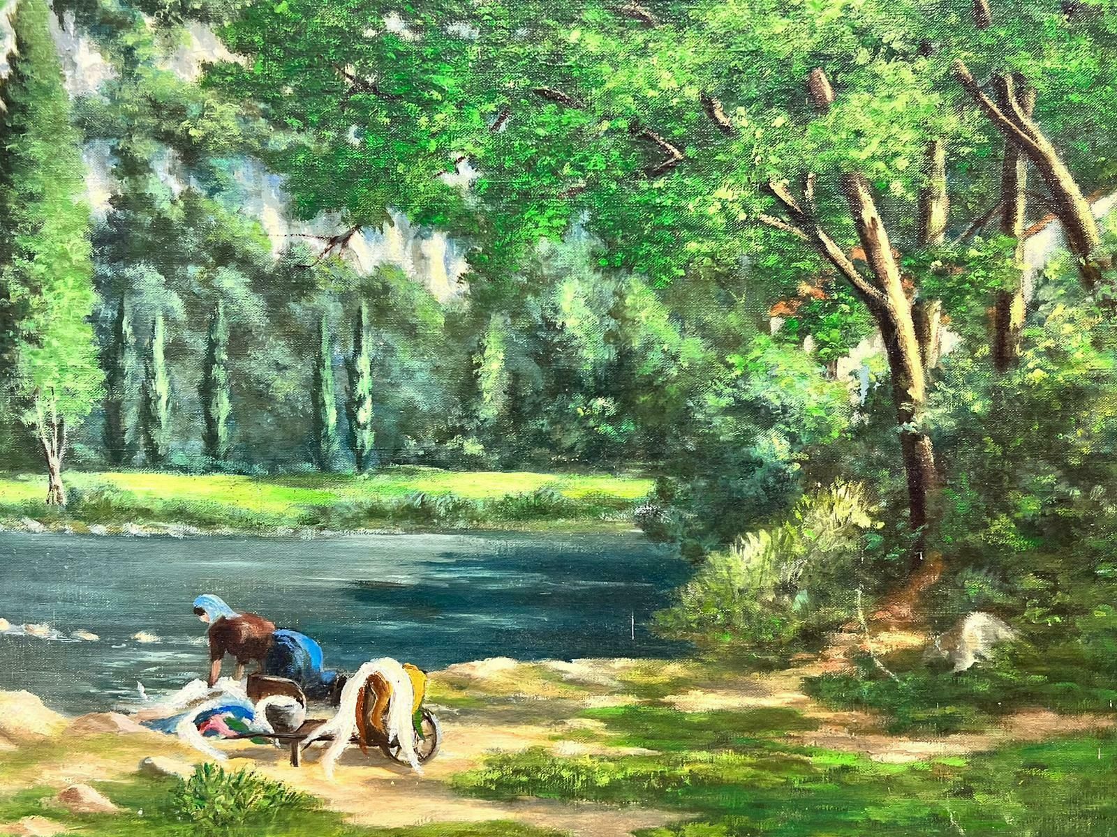 French Schoolhuge 1950's French Signed Oil Figures Bathing In Large River Green Landscape1950's photo Art