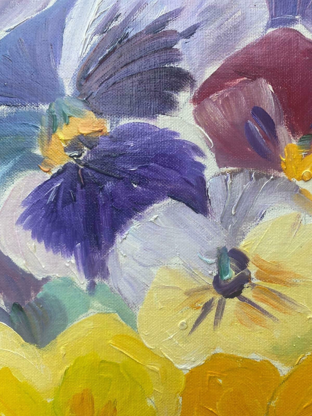Maggy Claryssecolourful French Impressionist Oil Painting Purple And Yellow Pansiesc.2000 photo for sale