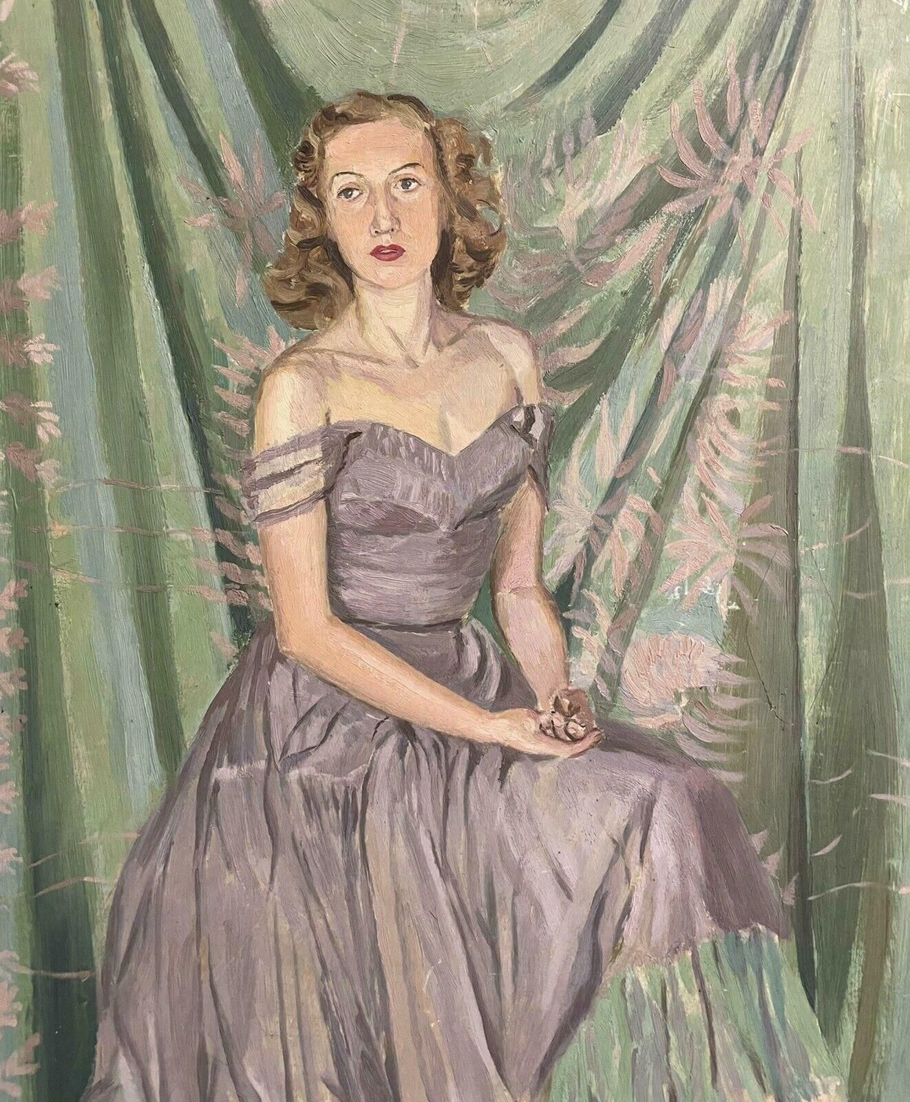 Frank Graves1940's English Signed Oil   Portrait Of A Lady In Elegant Dress   Greens & Pinksc. 1930's photo Art