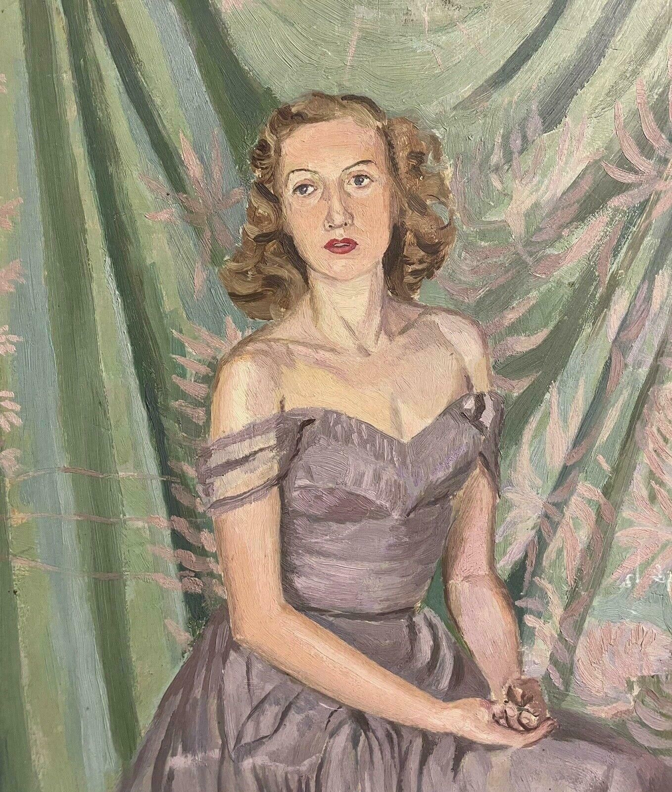 Frank Graves1940's English Signed Oil   Portrait Of A Lady In Elegant Dress   Greens & Pinksc. 1930's photo vintage
