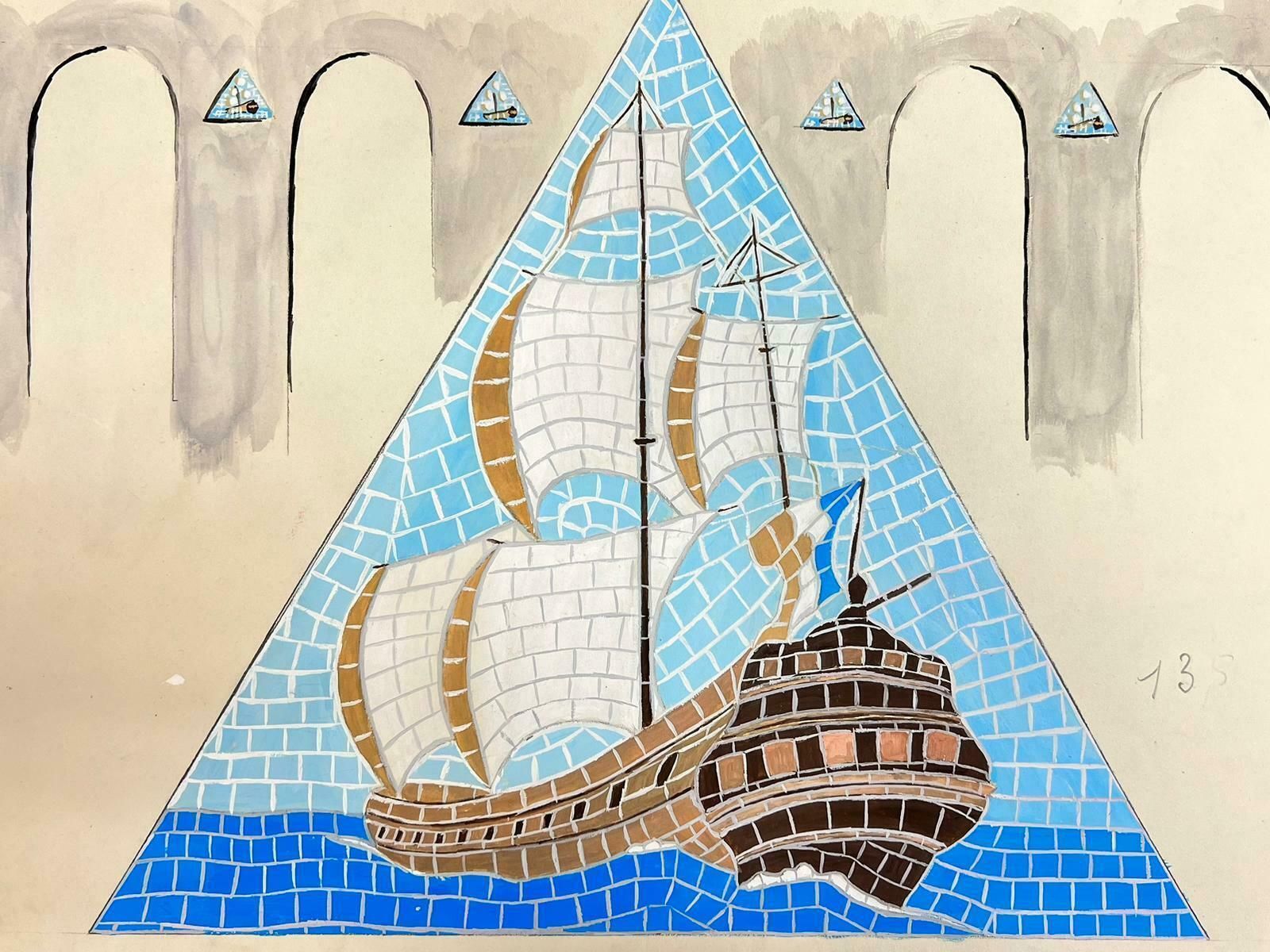Josine Vignonmid Century French Illustration Sketch Of A Mosaic Ship In The Sea Drawing1960's photo furniture