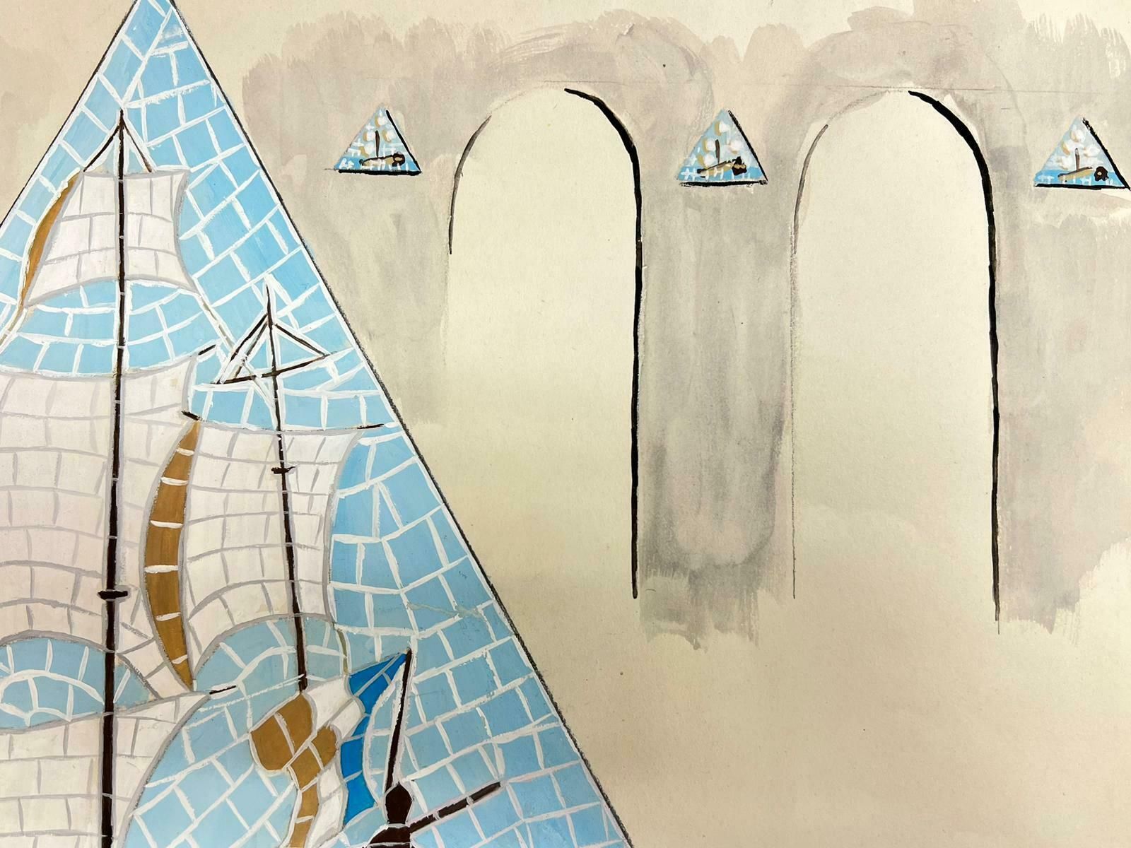 Josine Vignonmid Century French Illustration Sketch Of A Mosaic Ship In The Sea Drawing1960's photo Art