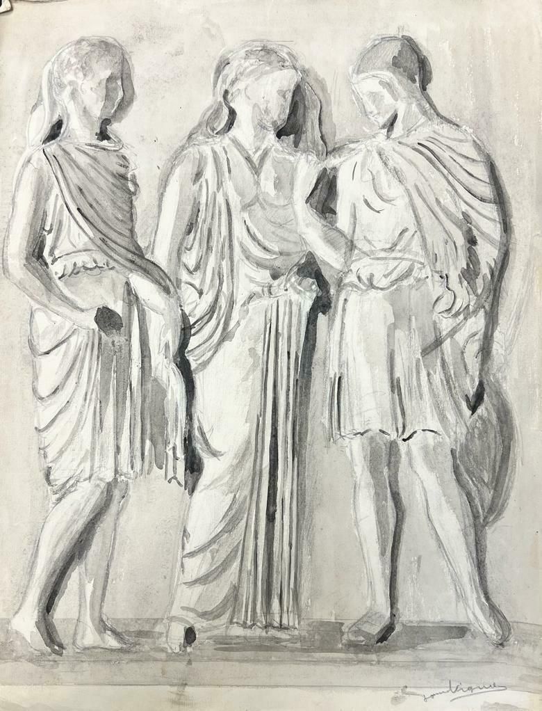 Josine Vignon1950’s Fashion Illustration Original Painting Of Three Figures In Robes1960's
