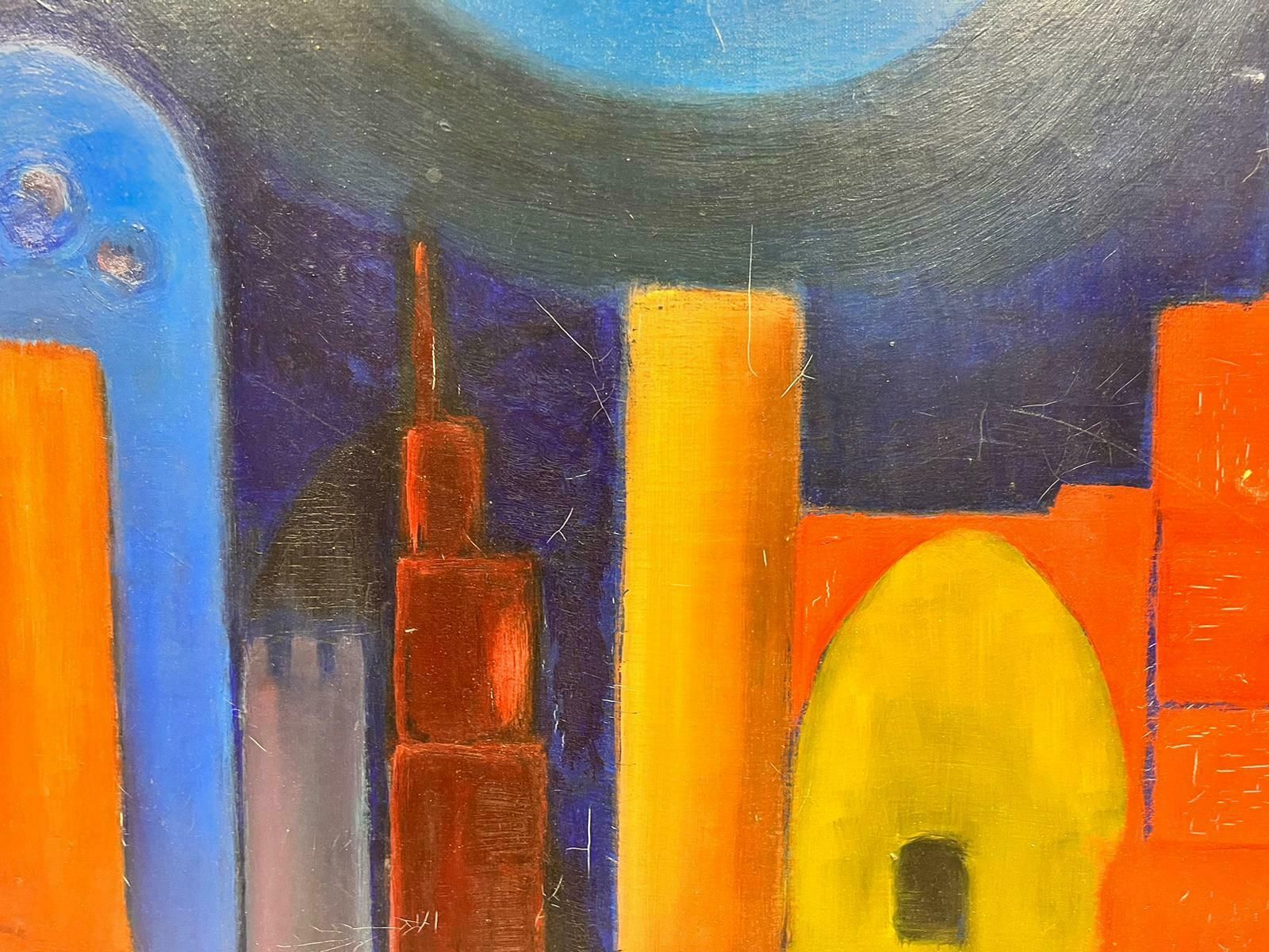 French Abstracthuge French Modernist Signed Oil Abstract Painting Of City Scape Orange & Blue1970's photo furniture