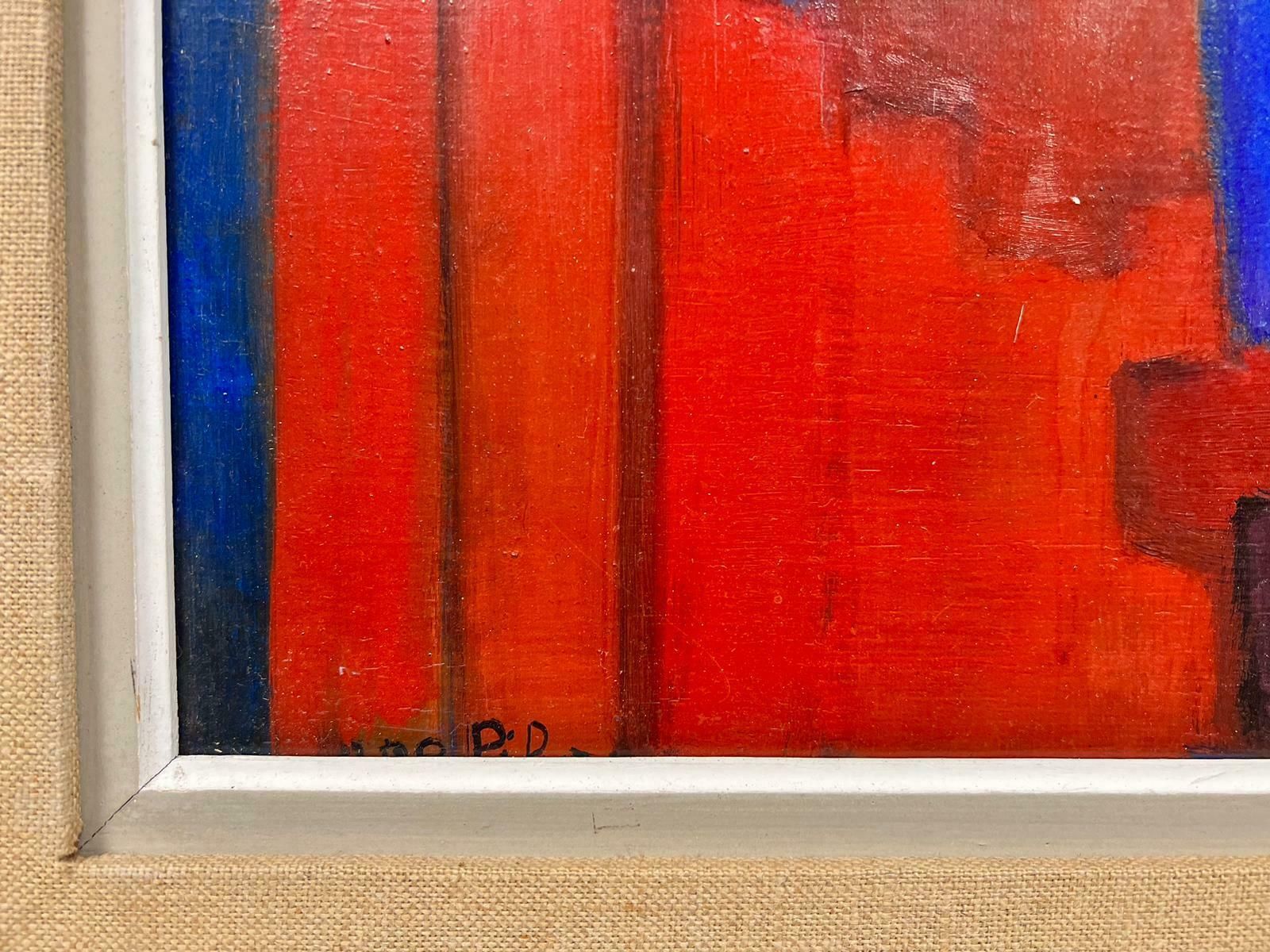 French Abstracthuge French Modernist Signed Oil Abstract Painting Of City Scape Orange & Blue1970's photo Art