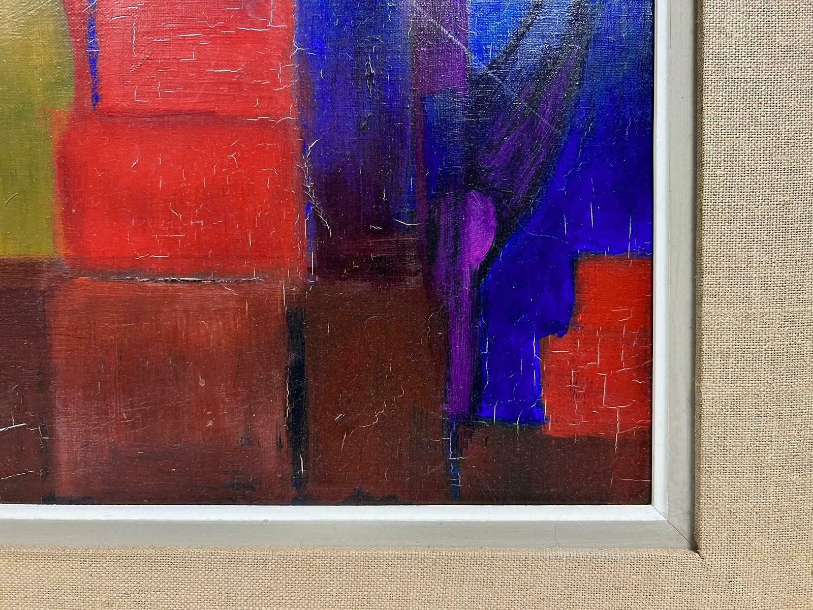 French Abstracthuge French Modernist Signed Oil Abstract Painting Of City Scape Orange & Blue1970's photo vinterior