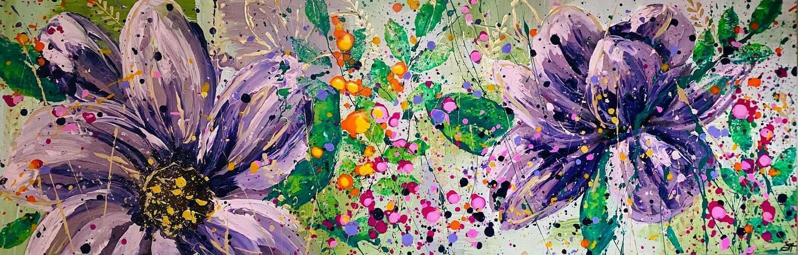Yvonne..Hand Painted Original Acrylic Floral Art On A Up Cycled Canvas 150cm 50cm