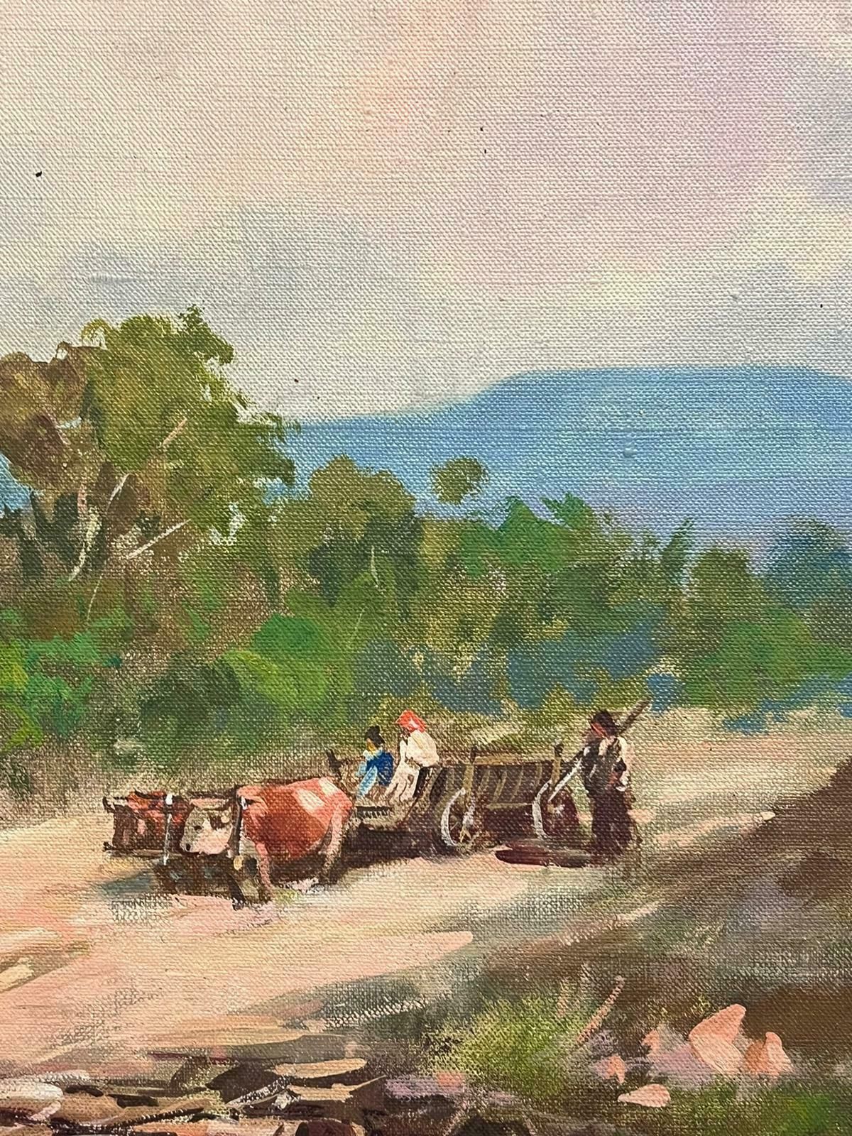 French Mid Century 1960's French Oil Oxen & Cart In Sun Scorched South Of France Landscape1960's photo vintage