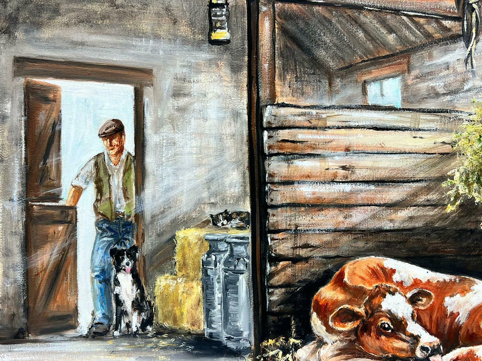 Colin Impeytraditional Rural English Signed Oil Cow With Baby Calf Chickens & Farmer & Dog photo Art