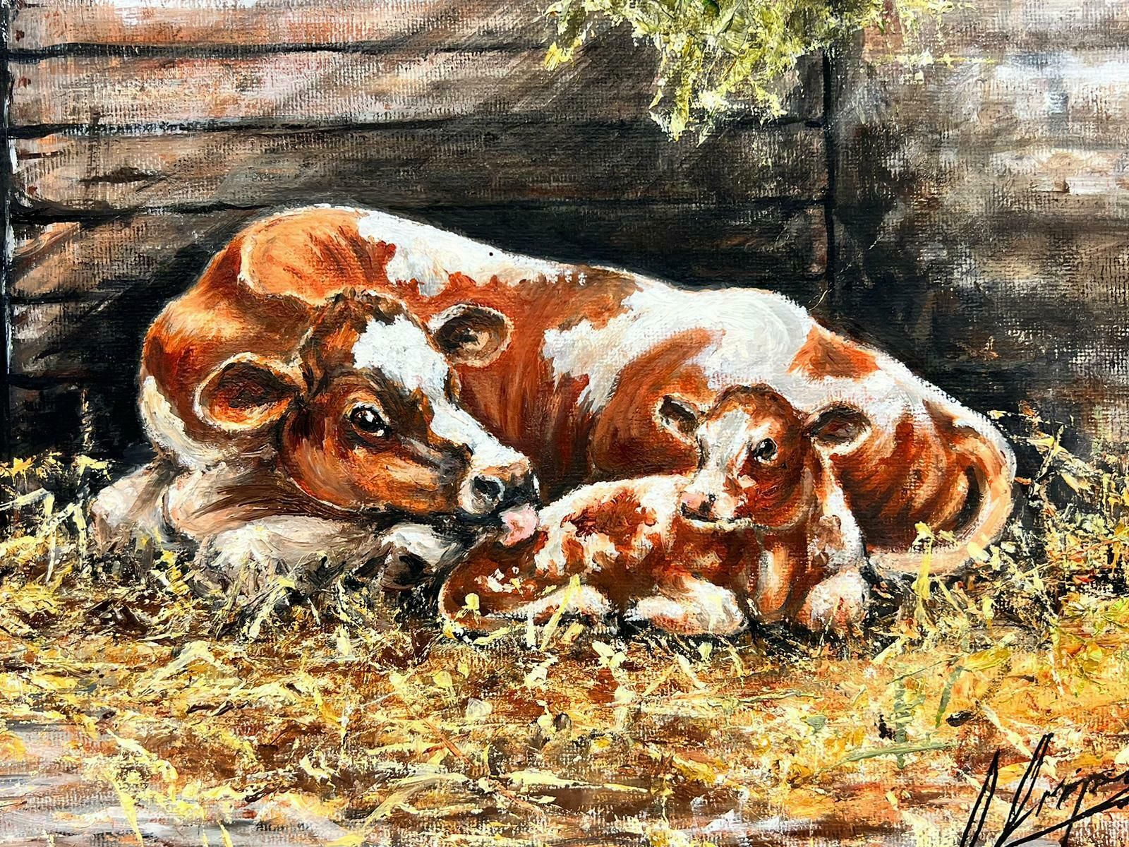 Colin Impeytraditional Rural English Signed Oil Cow With Baby Calf Chickens & Farmer & Dog photo vinterior