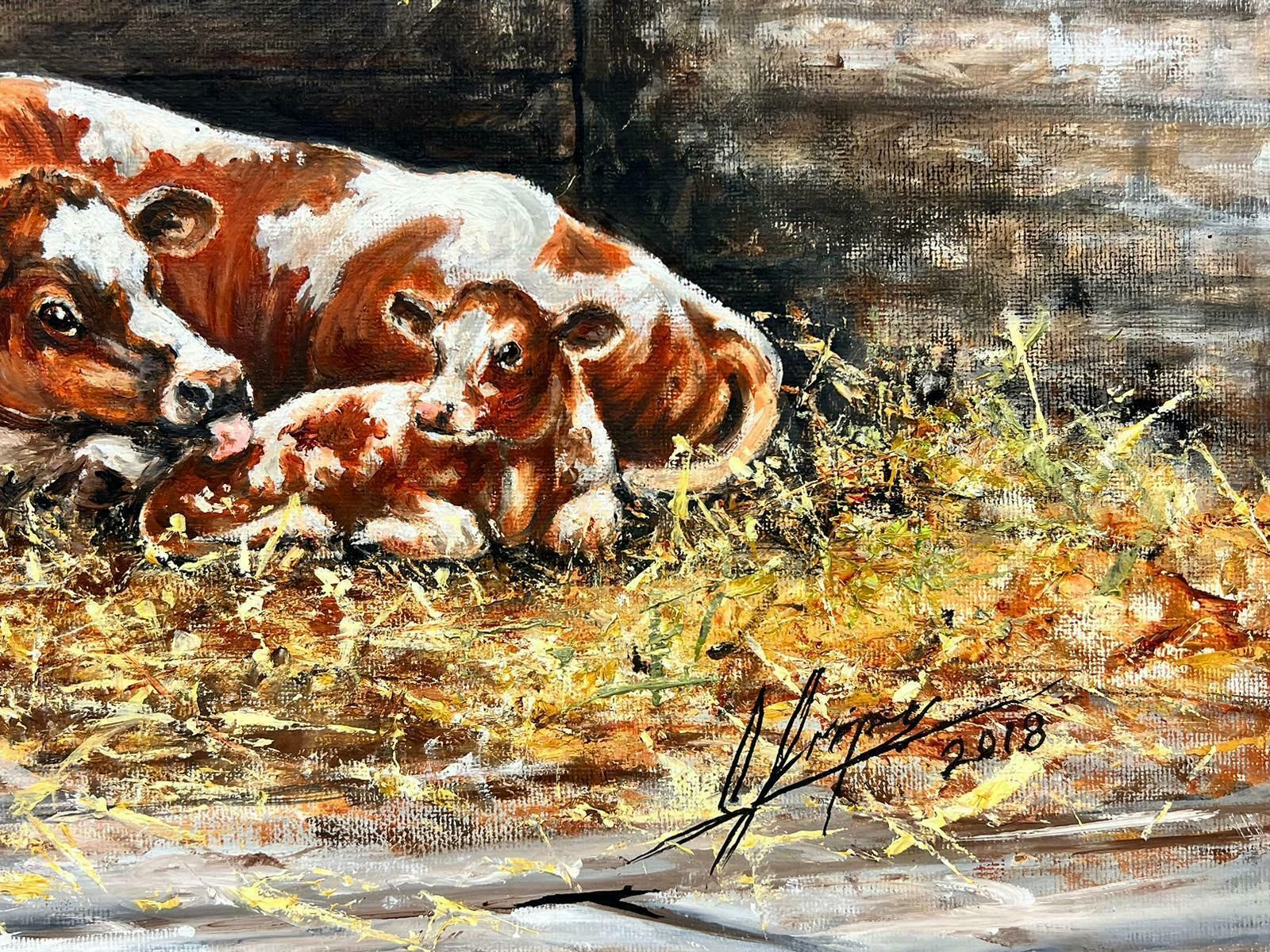 Colin Impeytraditional Rural English Signed Oil Cow With Baby Calf Chickens & Farmer & Dog photo buy
