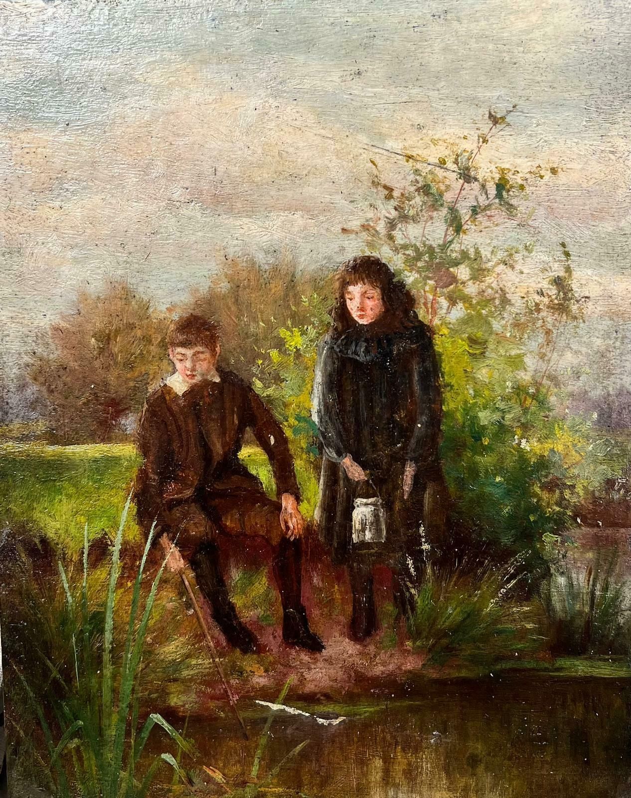 Antique English Antique Victorian English Oil Young Figures Down By The Stream