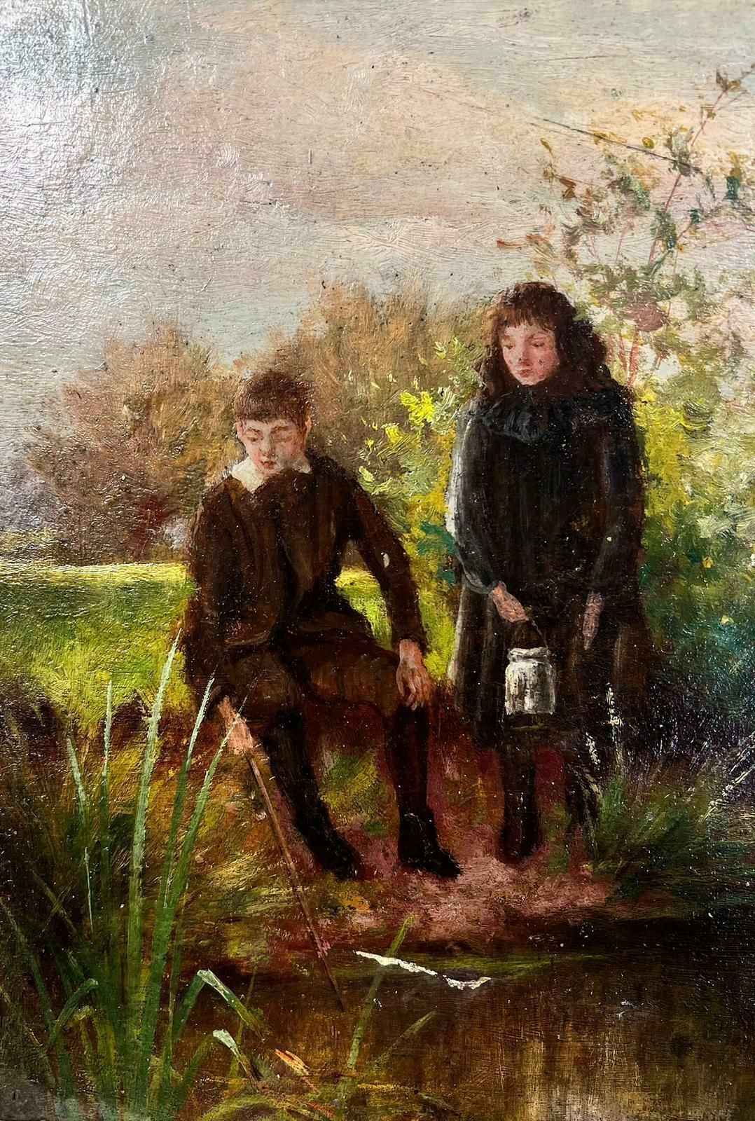 Antique English Antique Victorian English Oil Young Figures Down By The Stream photo furniture