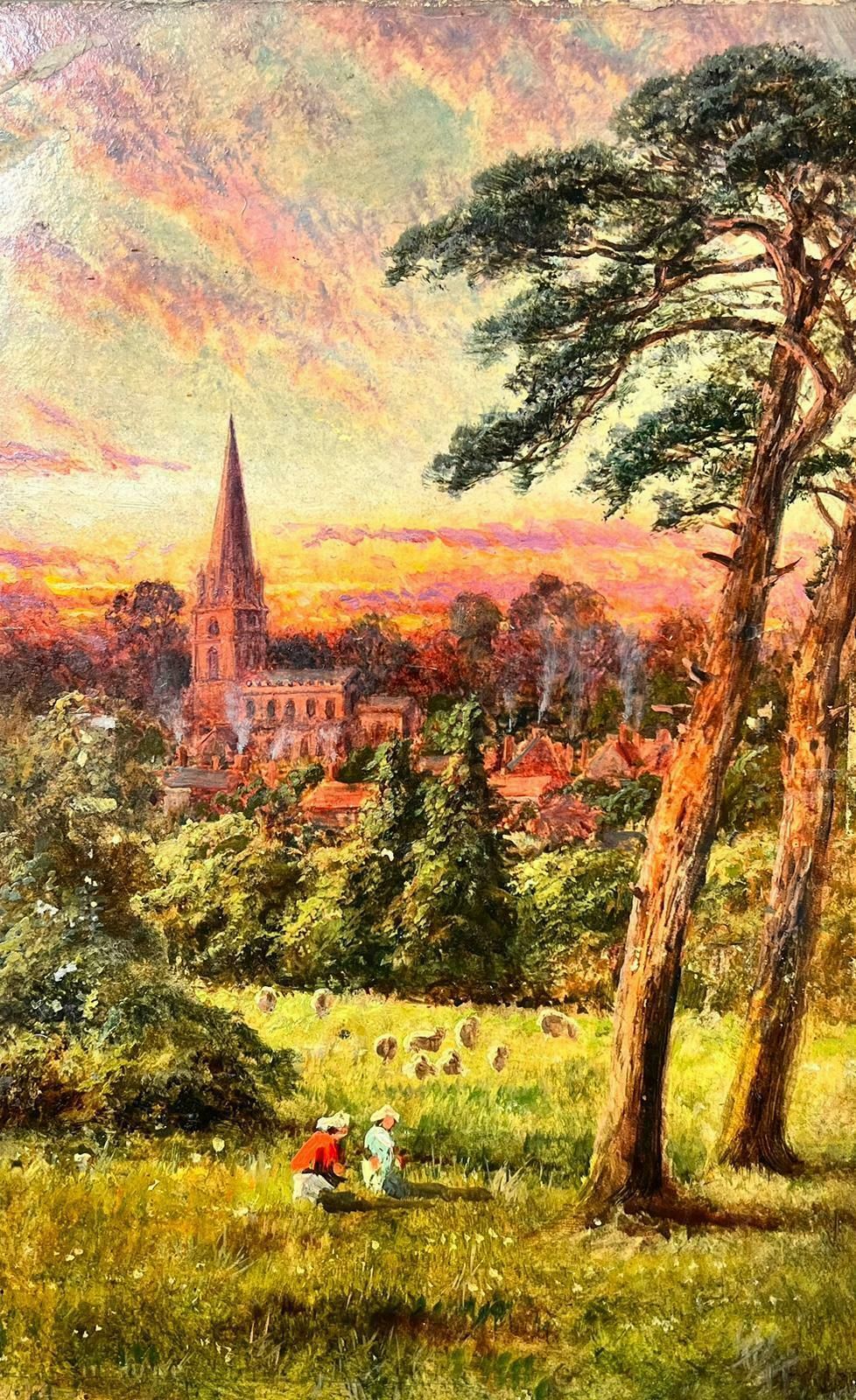 Antique English Antique Victorian English Figures In Sheep Field With The Sunrise Over Village