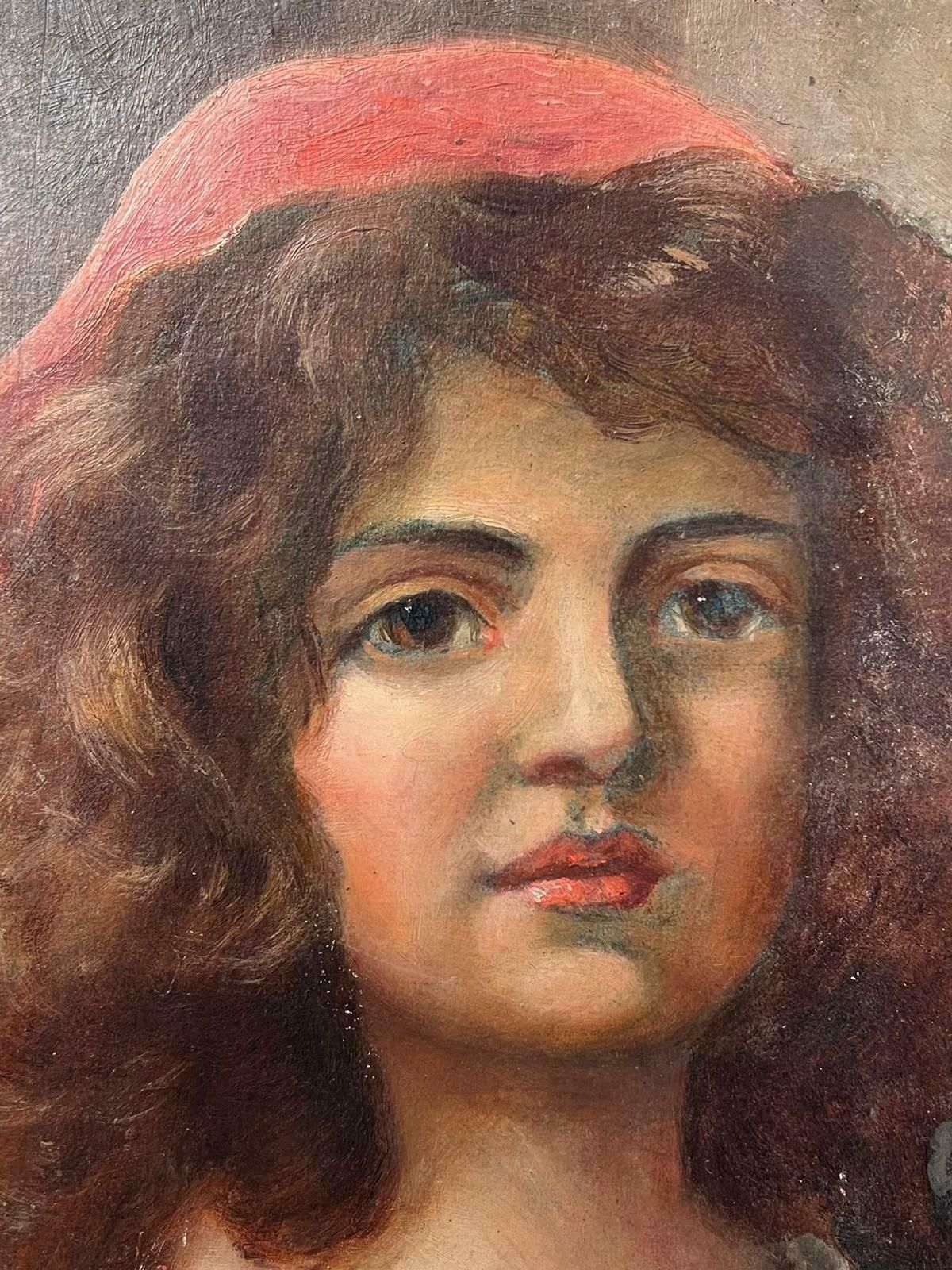Antique English Antique Victorian English Oil Portrait Of A Girl With A Pink Head Scarf photo for sale