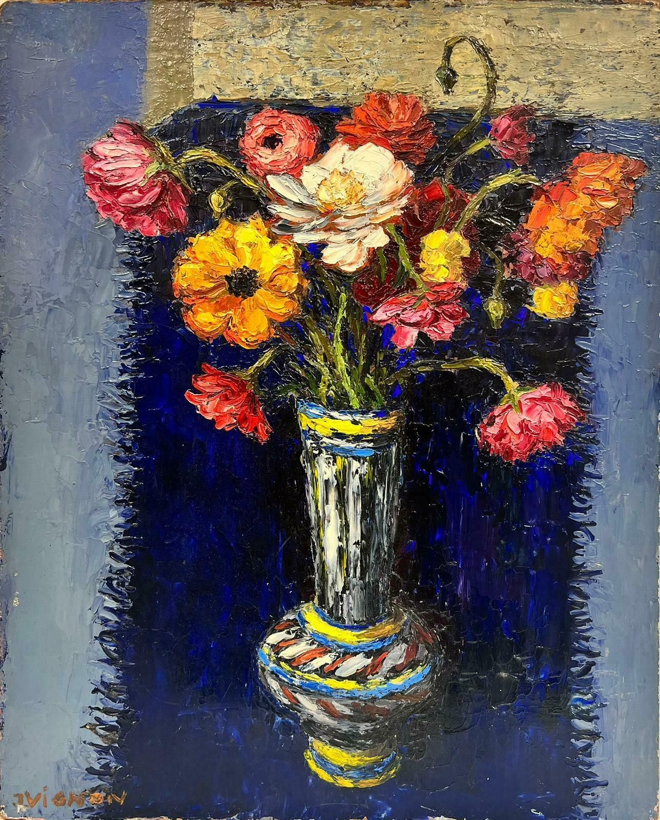 Josine Vignon1960's French Expressionist Signed Oil Bright Warm Colors Flowers In Vase1960's