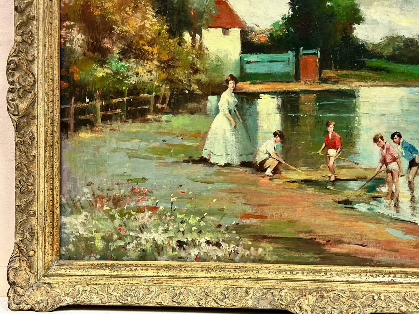 J. Giralt Lerinhuge Spanish Signed Oil Children & Mother Playing In River Summer Landscape photo Art
