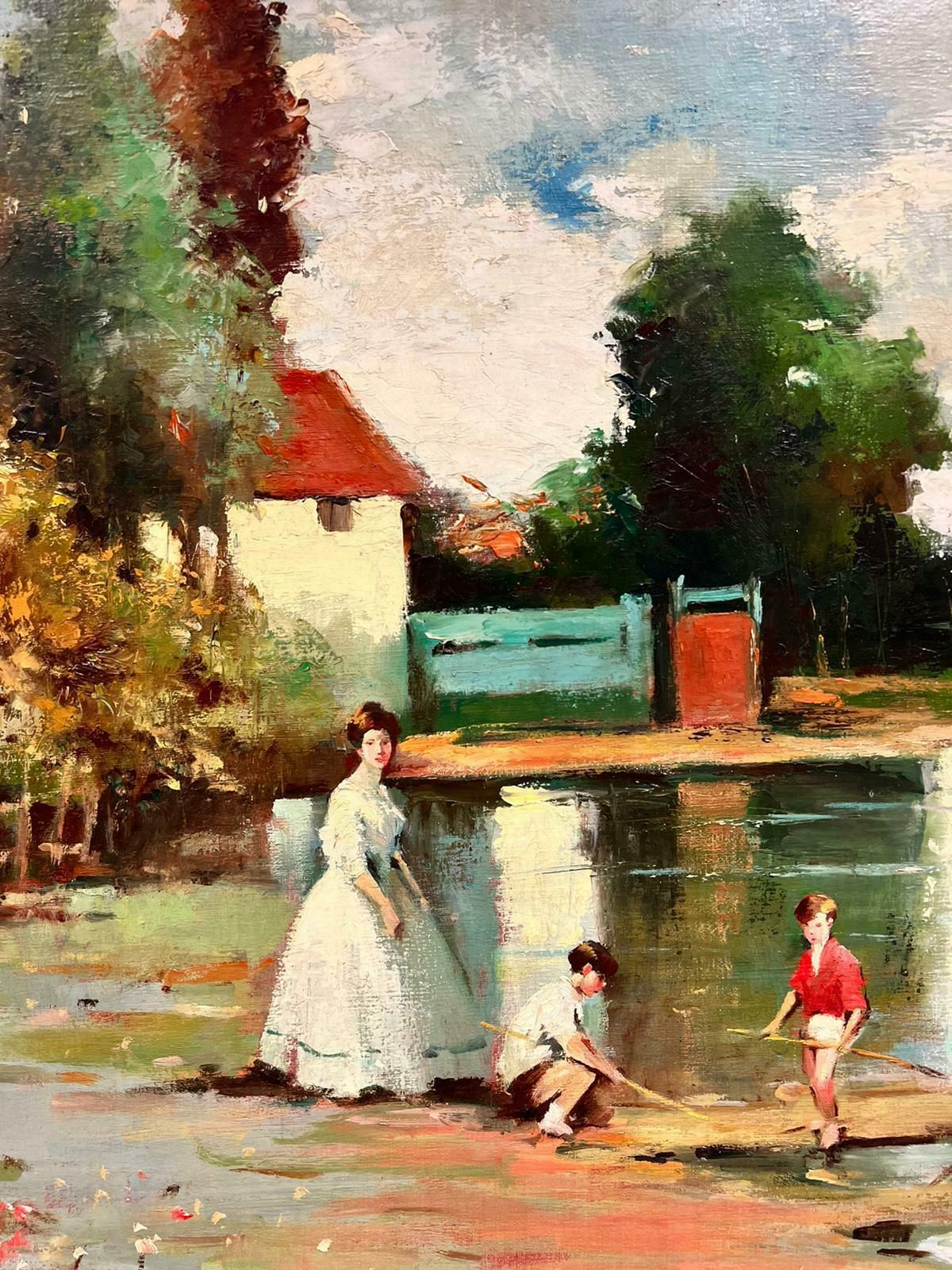 J. Giralt Lerinhuge Spanish Signed Oil Children & Mother Playing In River Summer Landscape photo buy