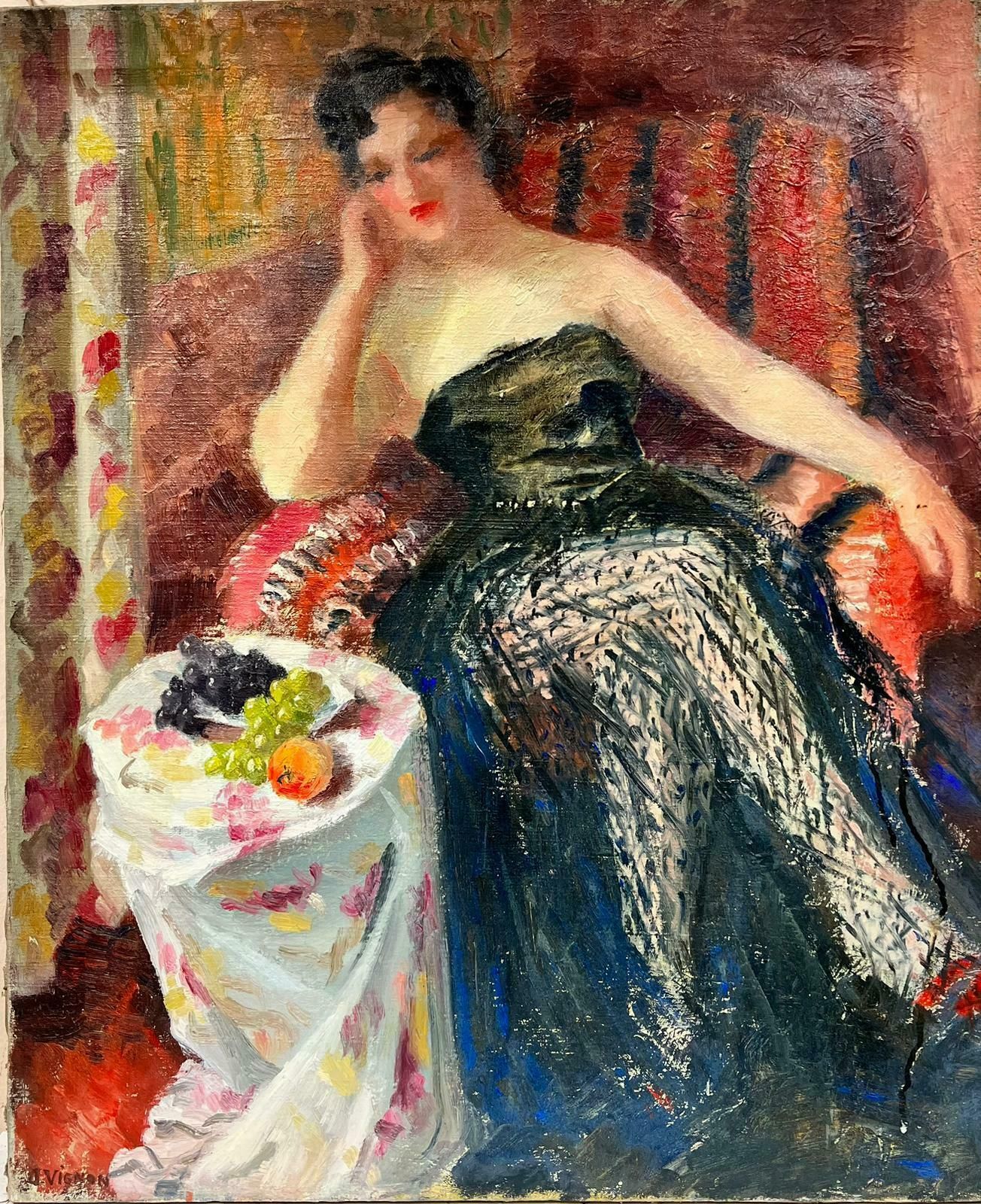 Josine Vignonelegant Lady In French Interior, 1960's French Post Impressionist Oil Painting1960's
