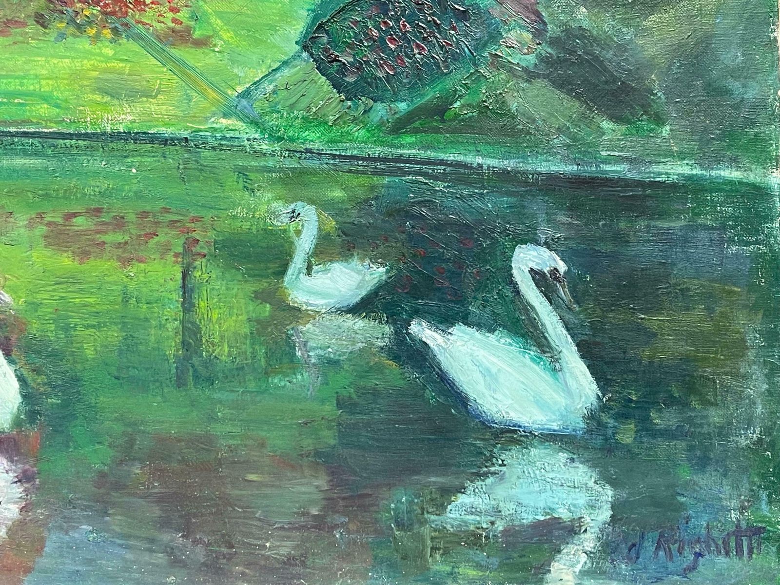édouard Righetti (1924 2001)original French Mid Century Oil   Vibrant Green Lake With Elegant Swans1950's photo vinterior