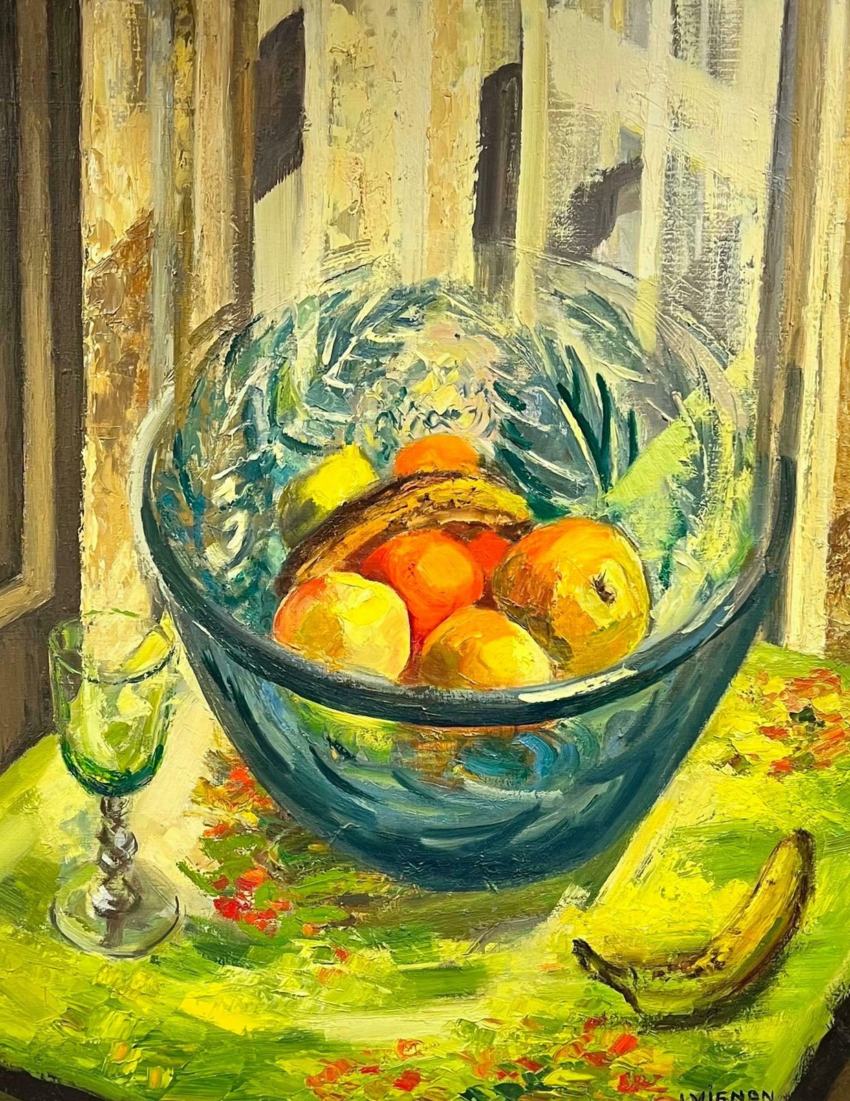 Josine Vignonhuge 1960's French Post Impressionist Signed Oil Fruit Bowl Interior Room1960's photo for sale